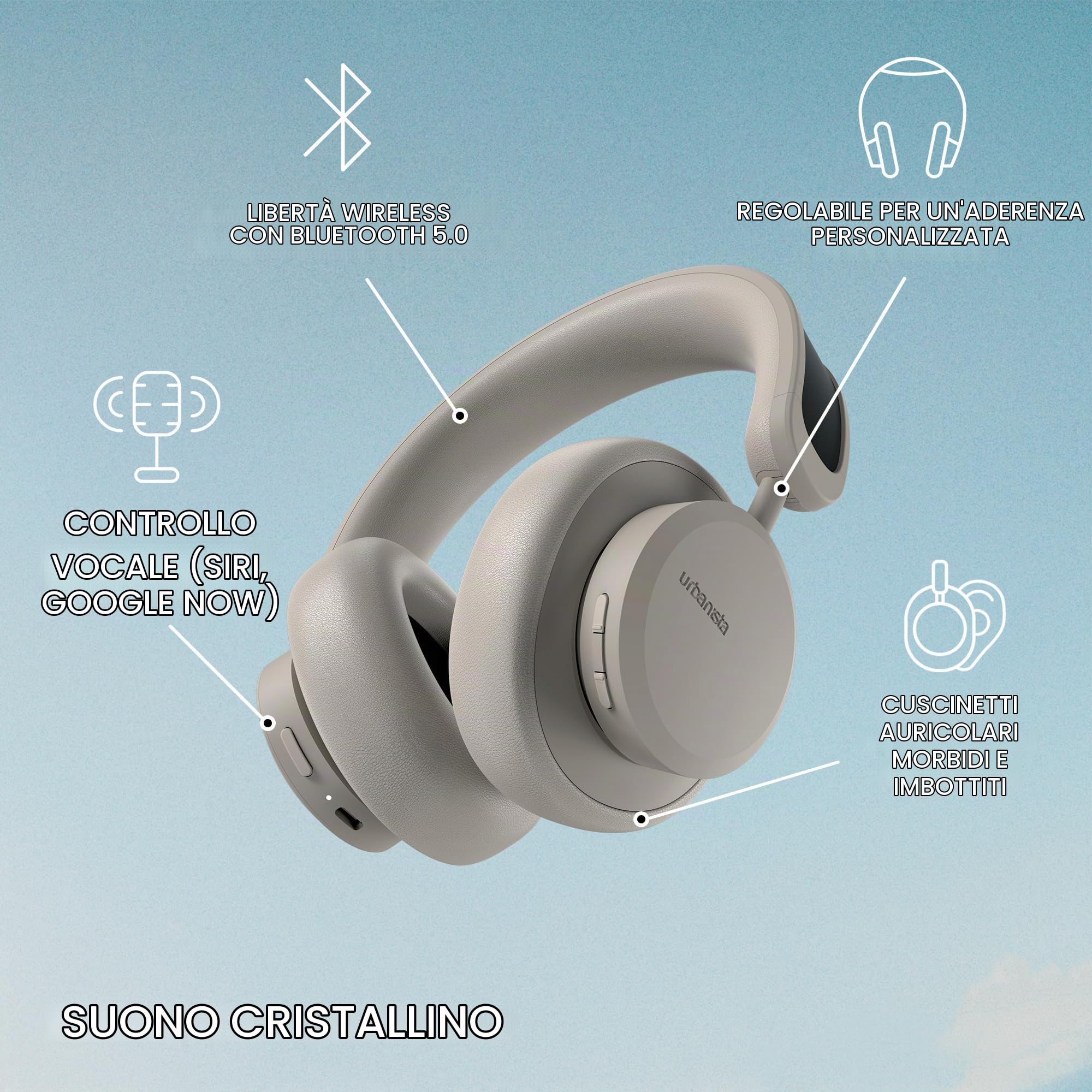 Urbanista Los Angeles Cuffie ad energia solare con cancellazione attiva del rumore con tempo di gioco infinito, Powerfoyle Autocaricante Wireless Cuffie Over Ear Bluetooth 5.0, Deserto Grigio