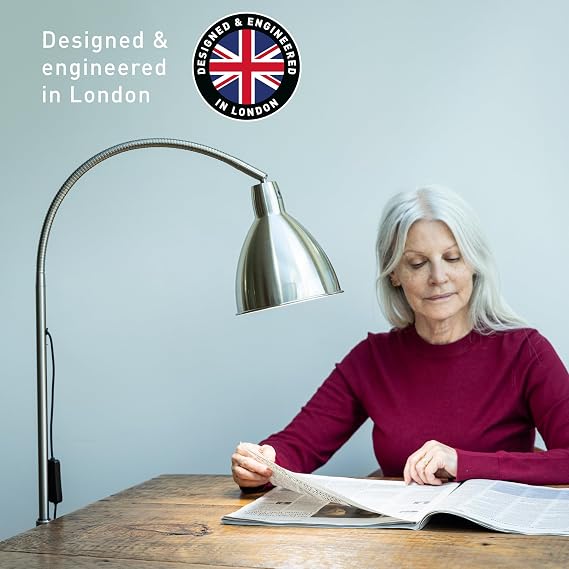 Daylight FlexiVision 2TM LED Floor Lamp 3,500 Lux at 12, 5 Brightness Levels, 3 Color Temperatures, 95+ CRI, Adjustable Arm & Swivel Head, Anti-Tip Base, Low Vision Aid Brushed Steel