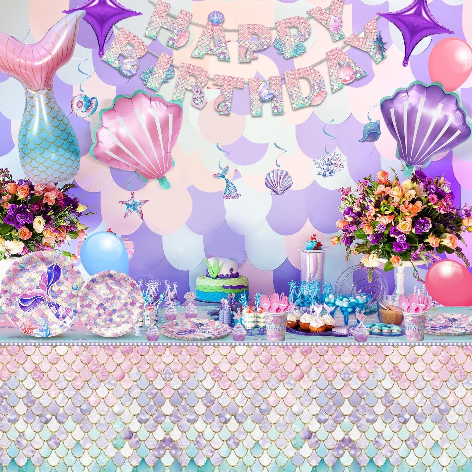 132Pcs Mermaid Party Decorations, Little Fish Birthday Party Tableware Plates Cups Napkins Tablecloth Banner Balloons Hanging Swirl etc Mermaid Birthday Party Decorations