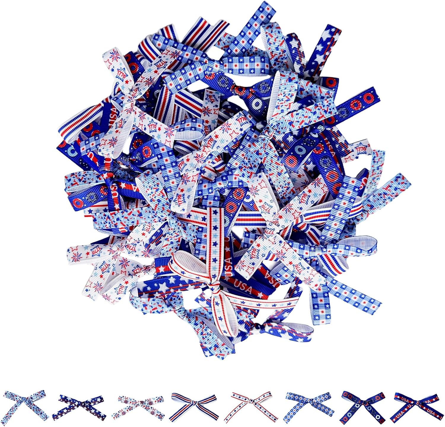 48pcs Mini Patriotic Bows, Tiny 4th of July Bow, Grosgrain Pre-Tied Patriotic Gift Wrap Bows for Wrapping Self Adhesive, Small USA Star Fabric Bow for Crafts Popsicle Sticks Party Home Decor
