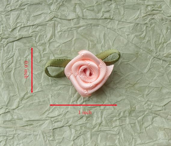 50 Pcs Satin Roses with Green Leaves for DIY Crafting Sewing (Peach)
