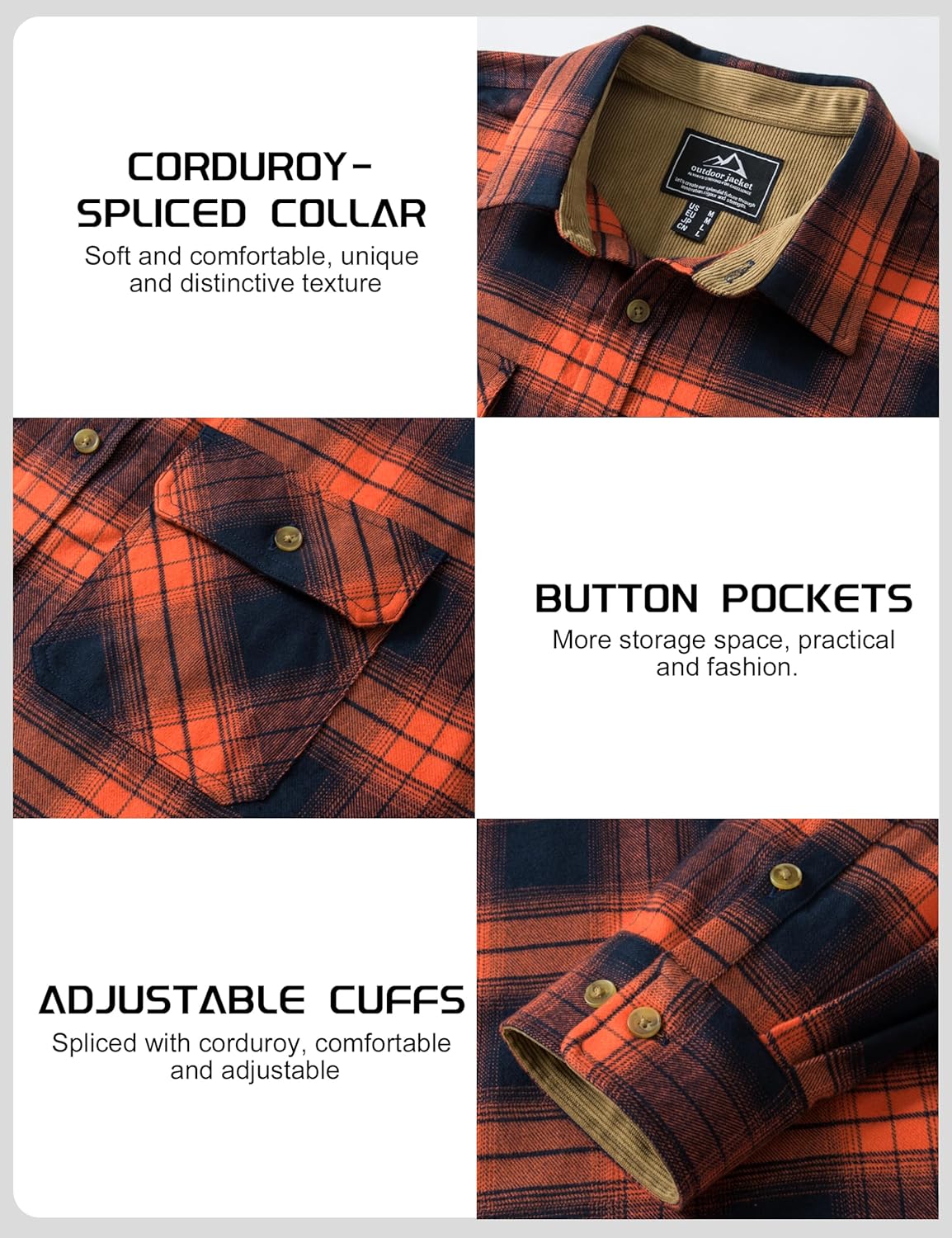 TACVASEN Flannel Shirt for Men Long Sleeve Plaid Shirt Corduroy Cuff Collar Casual Lightweight Cotton Button Down Shirts - Image 6
