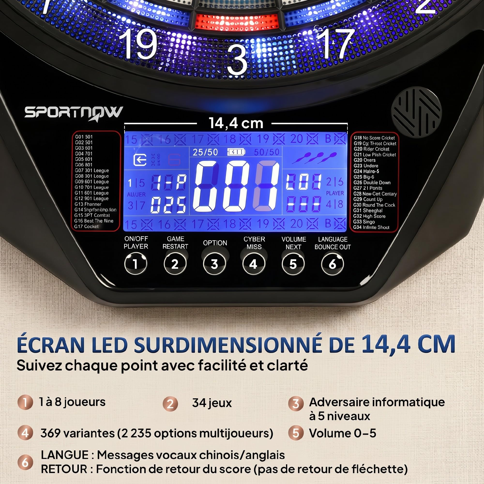 SPORTNOW Cible de Fléchettes Électronique avec écran LED XXL Lumineux Rechargeable, Jeu de Fléchettes Électronique pour 8 Joueurs, 6 projectiles, 24 Pointes, 34 Jeux, 2235 Variantes