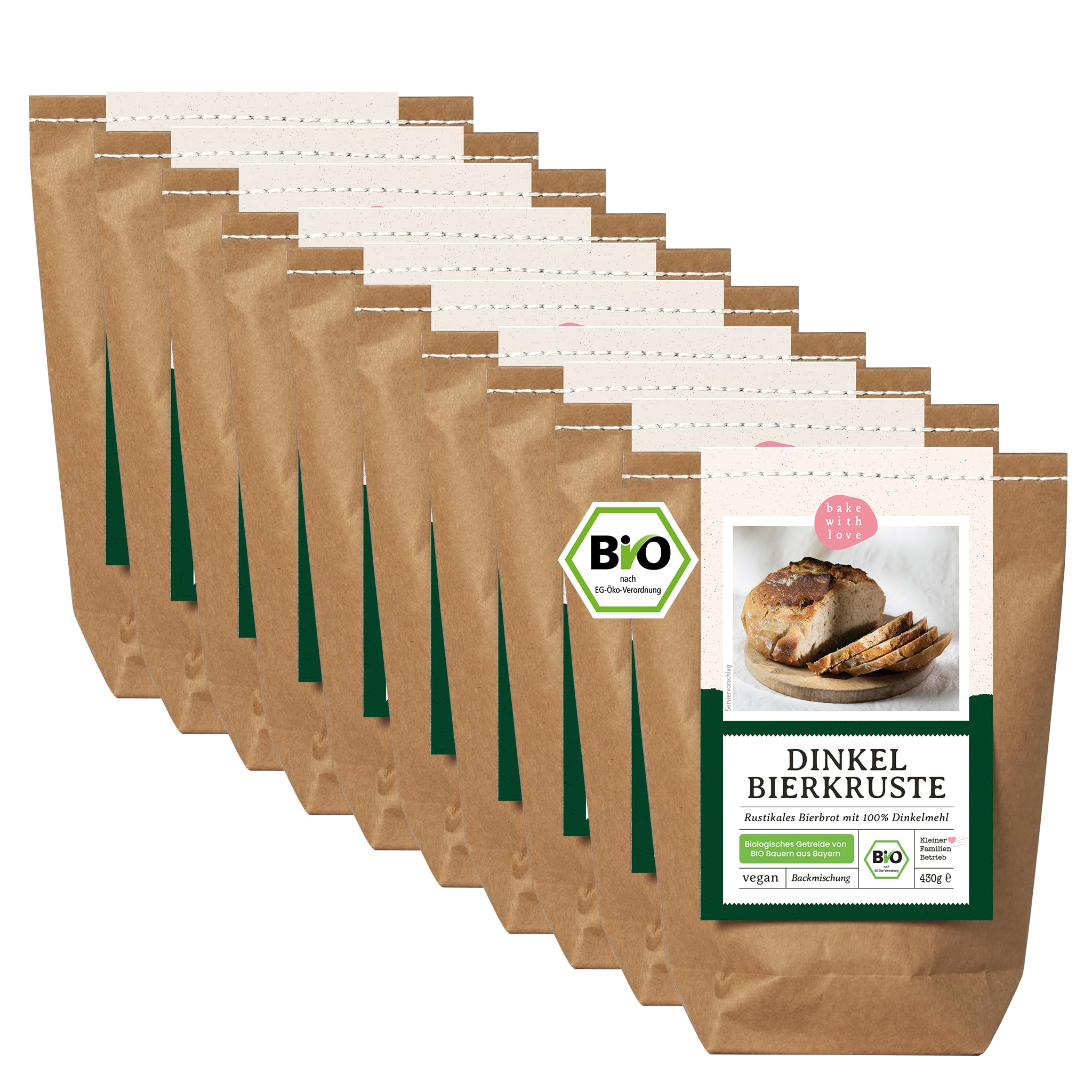 Bio Dinkel Bierbrot Backmischung – 100 % Dinkelmehl aus Bayern & Sauerteig – aromatisches Dinkelbrot mit leichter Biernote – für Brotbackautomat & Ofen – Bake with Love - 10er Pack