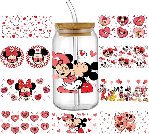 Elitles Made Adhesivos de transferencia de vasos UV DTF para San Valentín para vidrio de 16 onzas, 9 hojas de amor, corazón, caricaturas,