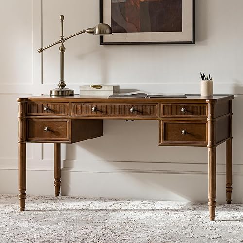 Miniatura 8 de HULALA HOME Escritorio para computadora estriado de 55 pulgadas con estación de carga, escritorio de escritura con 5 cajones, escritorio de madera