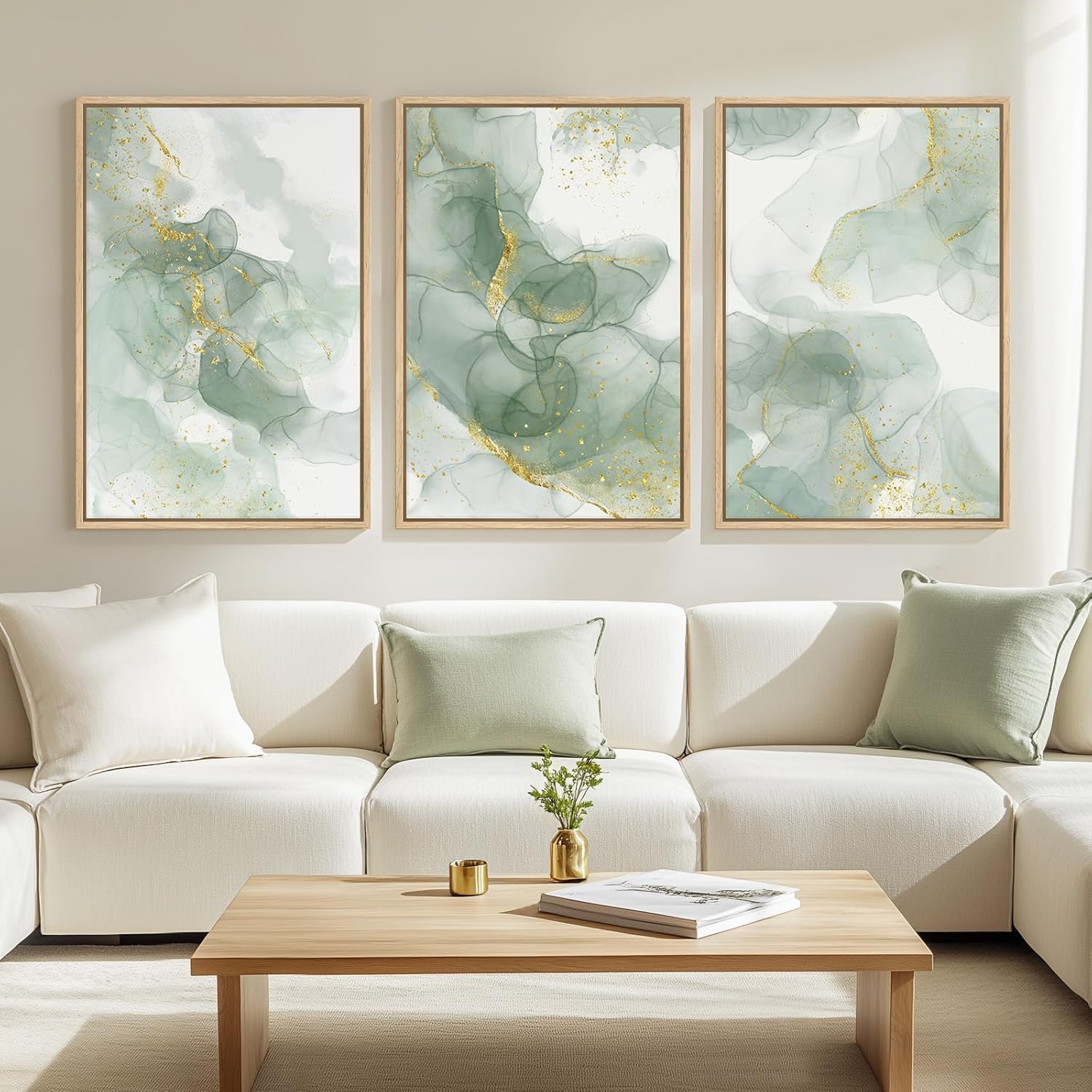 Large Framed Sage Green Abstract Wall Art for Living Room, 3 Piece Green and Gold Canvas Prints Paintings Artwork for Walls, Modern Minimalist Pictures for Hallway Stair Office Wall Decor 24x36 In 24" W x 36" H x 3Pcs Glitter