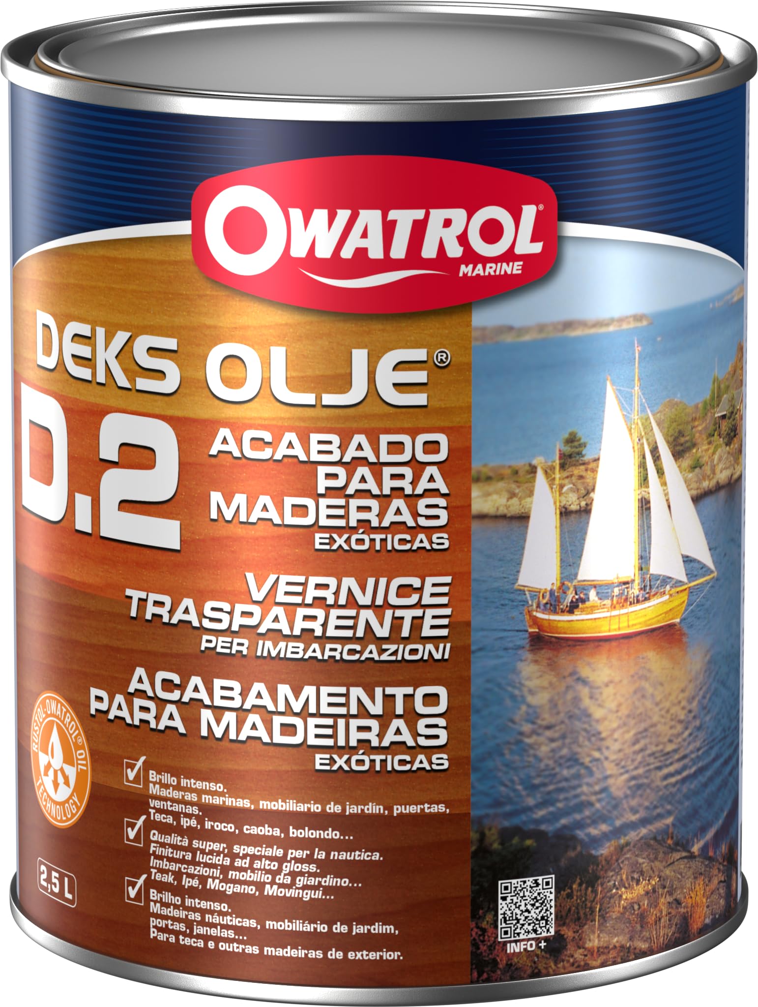 OWATROL D2 – 2,5 l – Barniz transparente brillante para madera tropical dura nueva y antigua al aire libre para puertas, paneles de madera, ventanas, muebles de jardín, puertas y barcos
