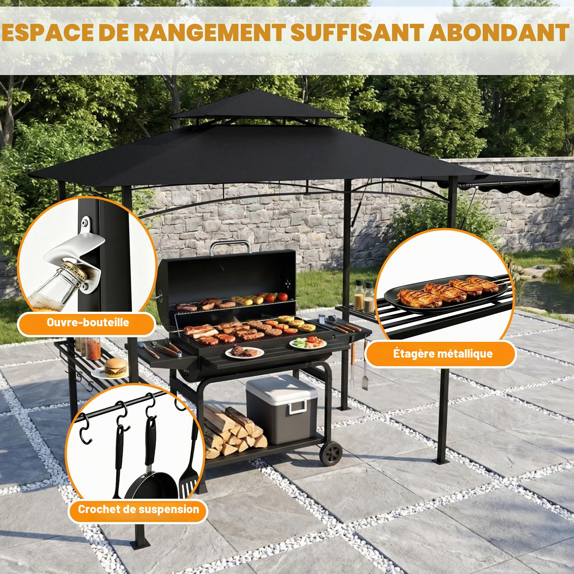 Tonnelle pour barbecue noire avec double toit et store latéral escamotable, 245x141 cm - Tonnelle pour barbecue avec cadre en métal et étagères pratiques, abris de jardin résistants aux