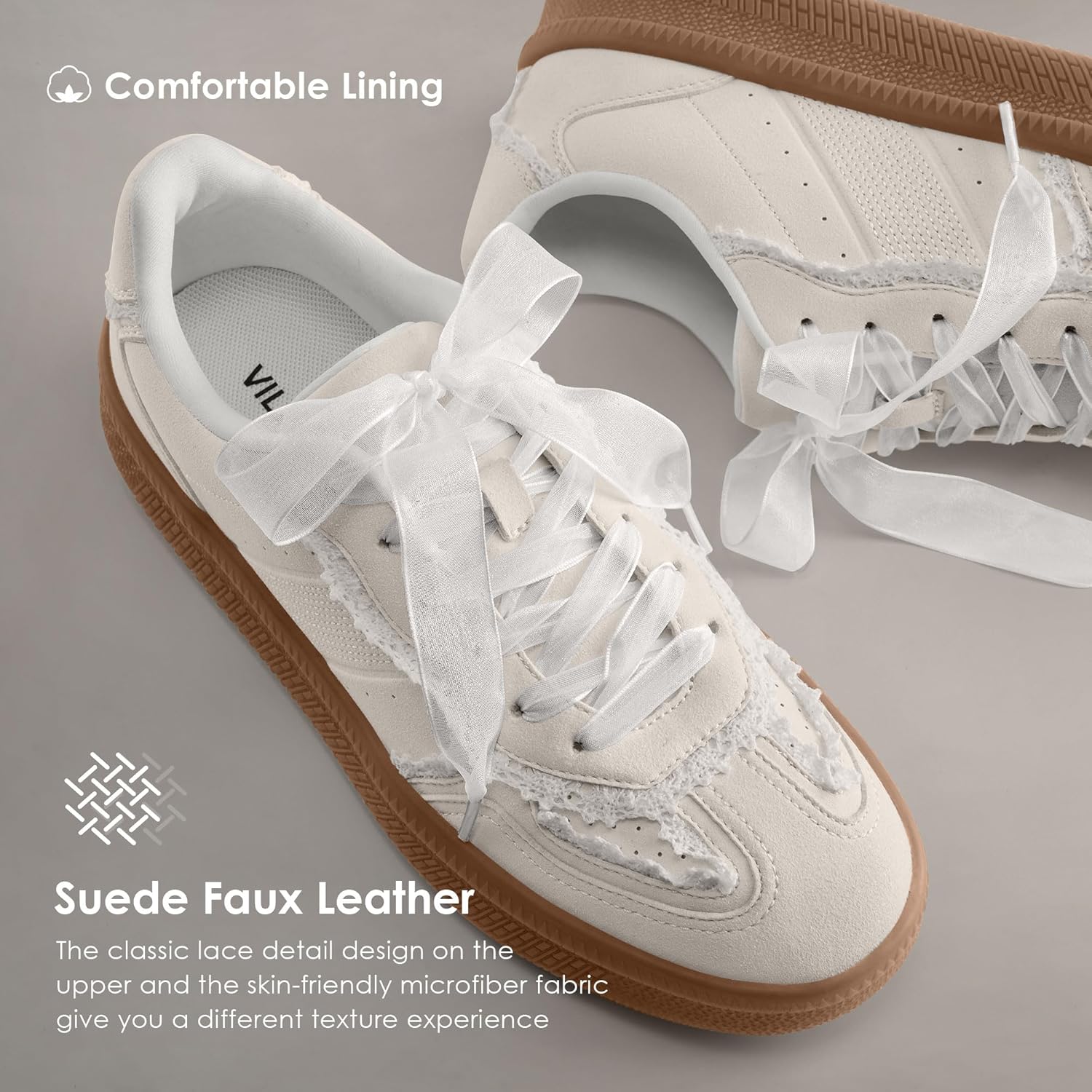 Vilanva Women's Lace Detail Fashion Sneakers Comfortable Casual Dress Sneakers with Retro Gum Sole Walking Trendy Footwear - Image 4