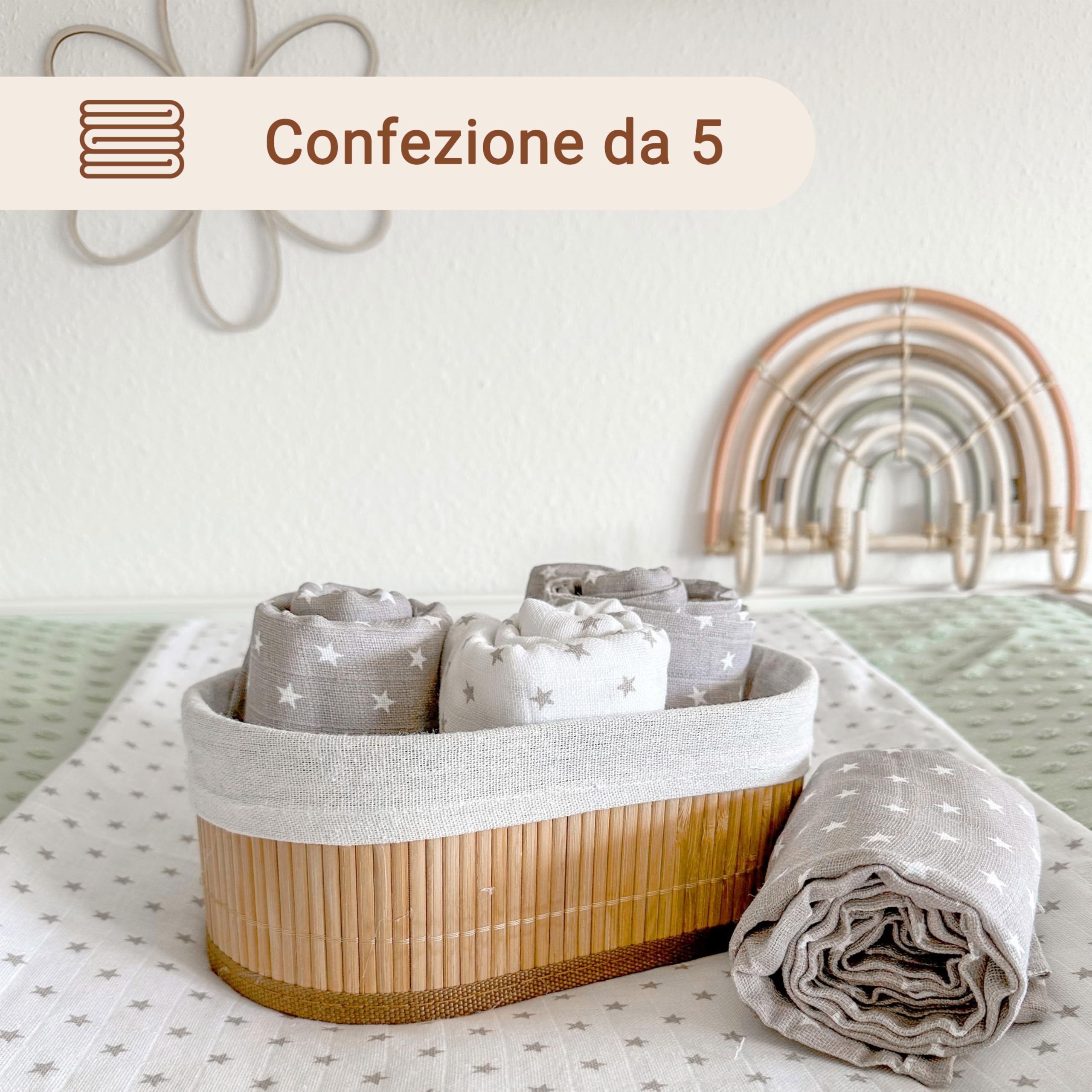 ZOLLNER 5 Mussole per neonato 80x80 cm - 100% cotone - 3 grigie design a stelle bianche e 2 bianche con design a stelle grigie - lavabili a 60°C - pannolino di stoffa - Certificato OEKO TEX (R)