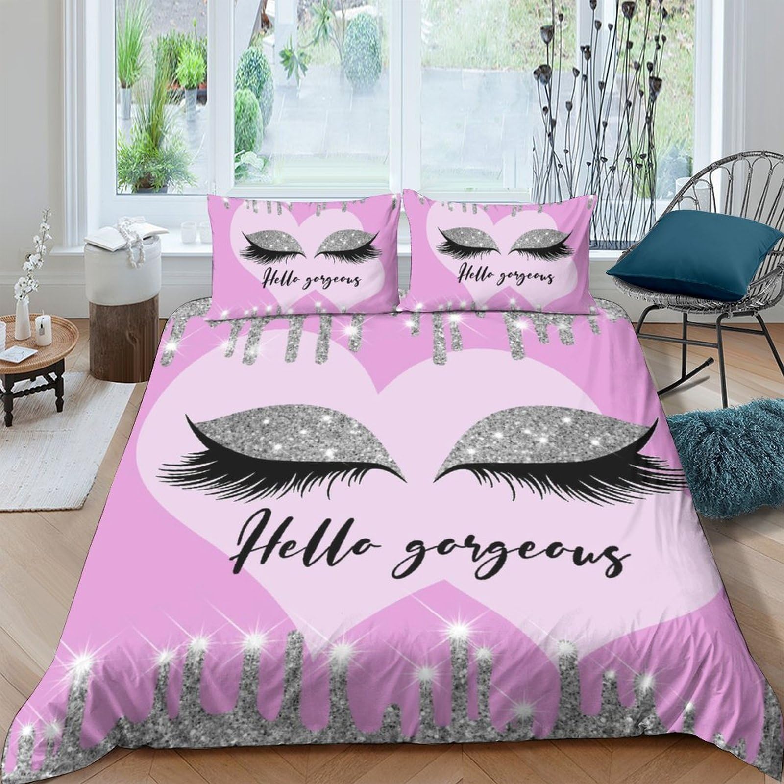 Ctjqhvkz Style-2 3D Printed Pink Glitter Eyelash Fitted Sheet Microfiber Bedroom Decor Hello Gorgeous Bed Cover For Home Dorm Single（135X200cm）