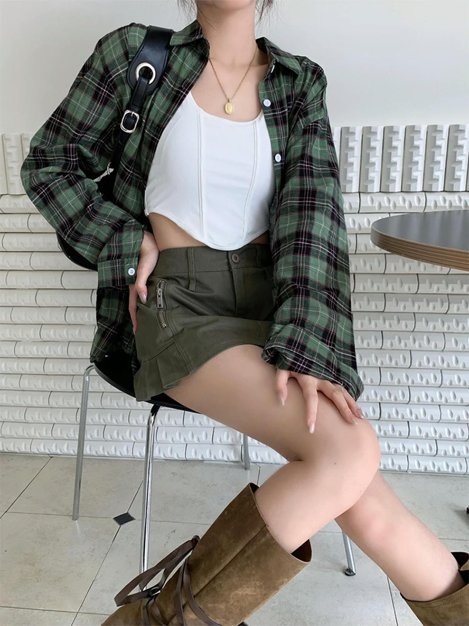 Camicia Ampia da Donna con Design Scozzese Classico retrò, Colletto rovesciato, Camicette da Donna a Maniche Lunghe, Primavera Estate, Vintage Oversize, Chic-Verde-M