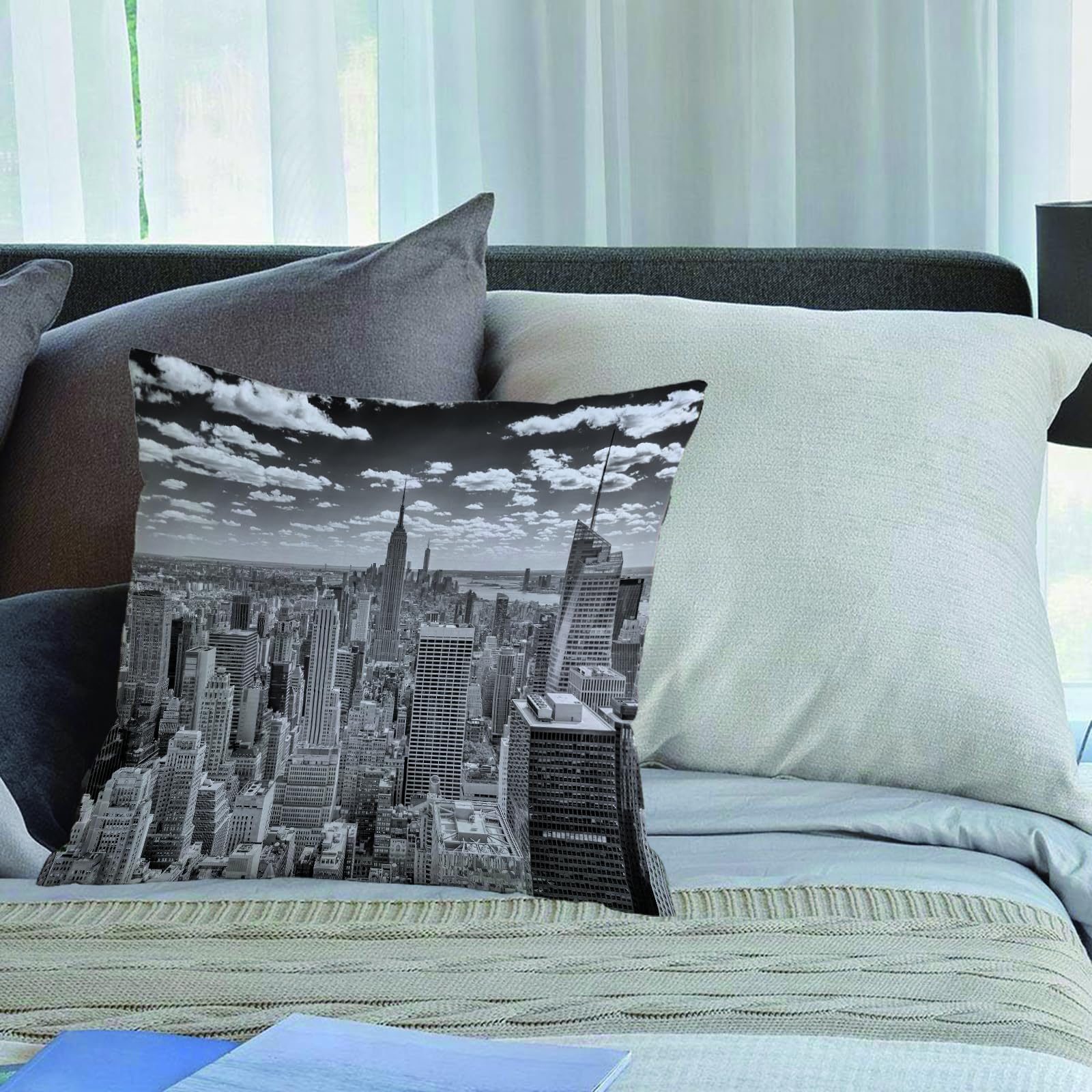 KHWEJ Cushion Covers Square Throw Pillow Case Printed Soft Pillowcases for Outdoor Patio Sofa Balcony Living Room,New York, NYC over Manhattan from the skyscraper roof Urban Global Culture A,18x18 in
