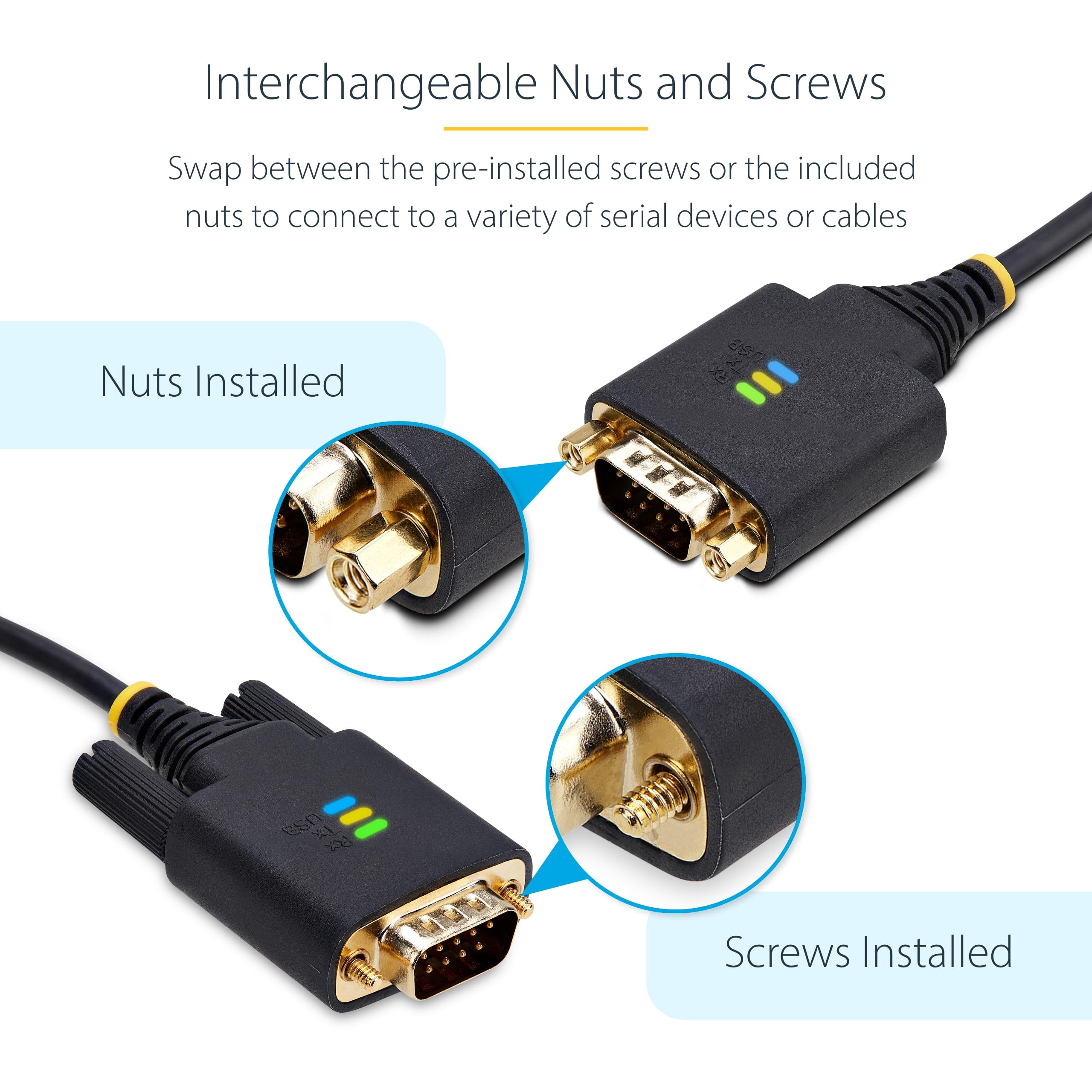 StarTech Cavo USB a Seriale Null Modem RS232 DB9 1m con Chip FTDI, Retention COM, Indicatori LED, Viti e Dadi DB9 Intercambiabili
