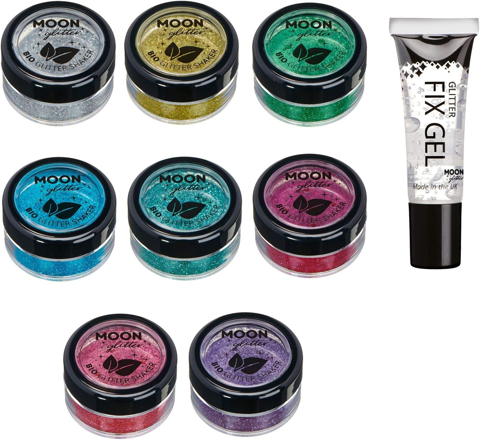 Biodegradable Eco Glitter Shakers by Moon Glitter - Set of 8 Colours + Fix Gel - Cosmetic Bio Festival Makeup Glitter for Face, Body, Nails, Hair, Lips - 5g