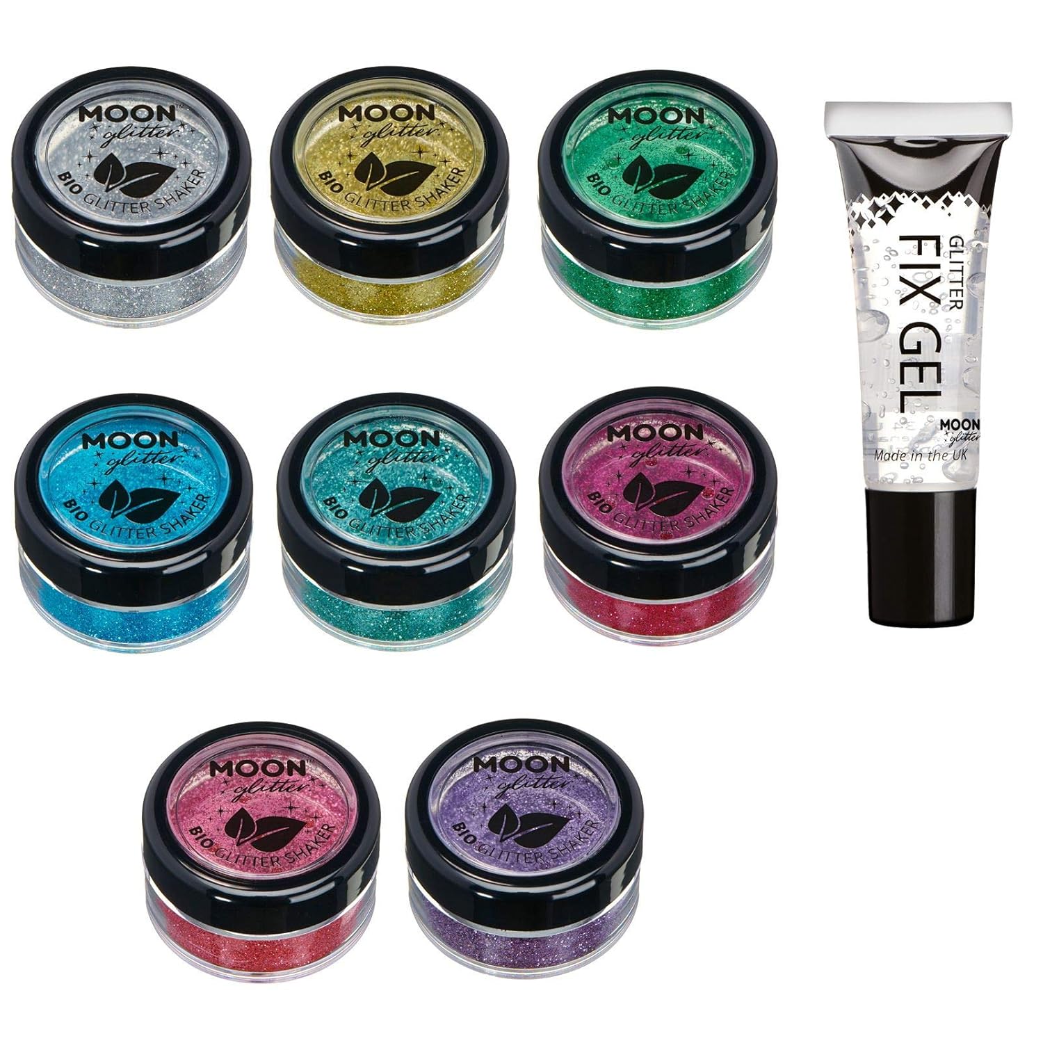 Moon Glitter Biodegradable Eco Glitter Shakers - 100% Cosmetic Bio Glitter for Face, Body, Nails, Hair & Lips - 5g Set of 8 plus Fix Gel