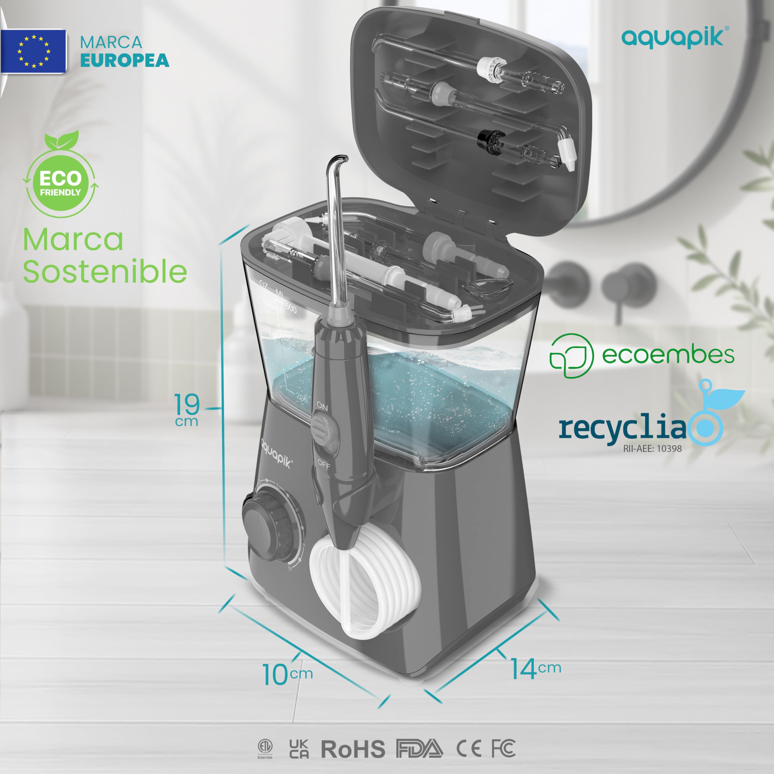 Aquapik® ADVANCED irygator do jamy ustnej, idealny do ortodoncji, implantów i wrażliwych dziąseł, zestaw wybielający + 8 ust, 10 poziomów ciśnienia, zalecany przez dentystów (szary)