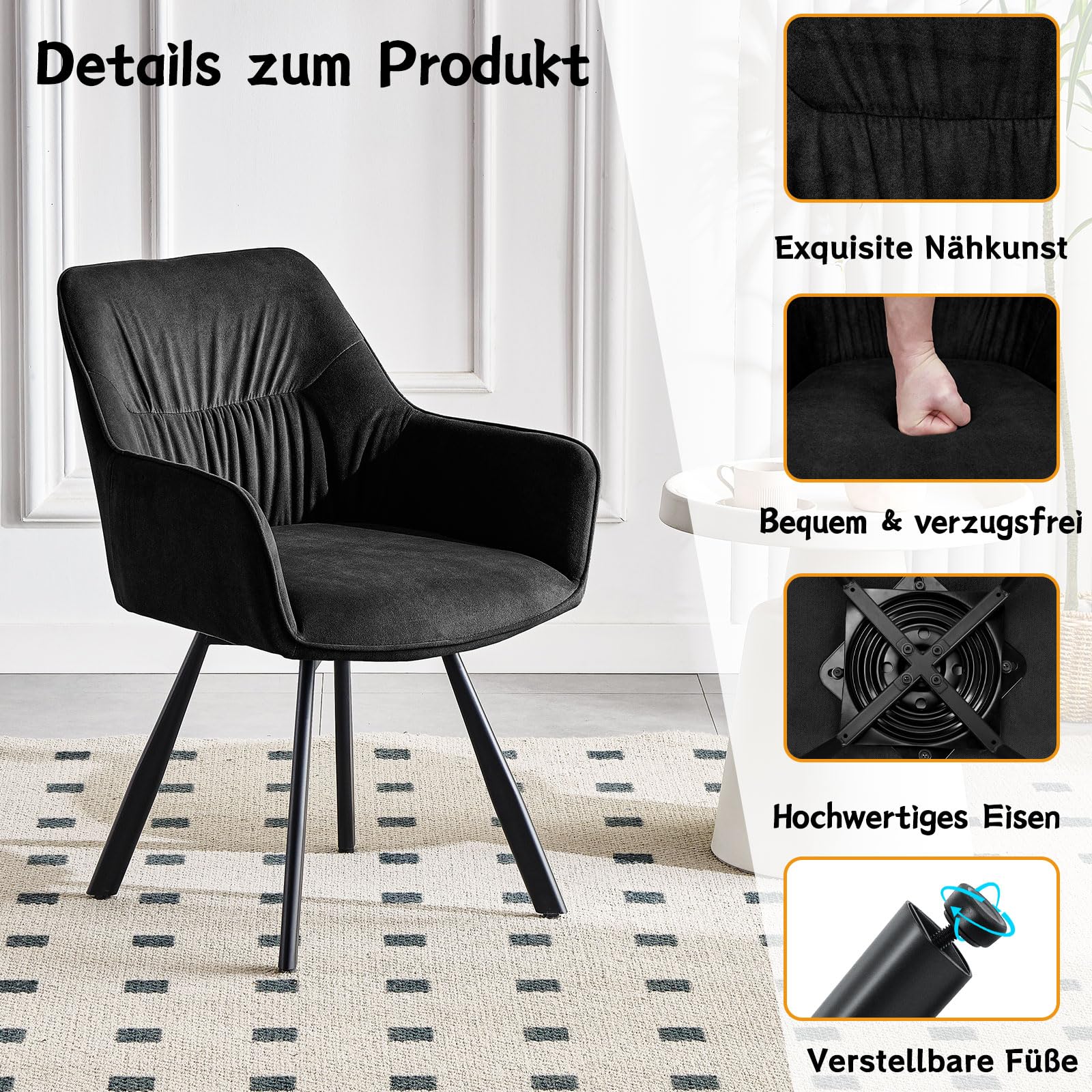 LEWE Esszimmerstühle Drehbar 4er Set, Armlehnstuhl aus Kurzflor-Stoff