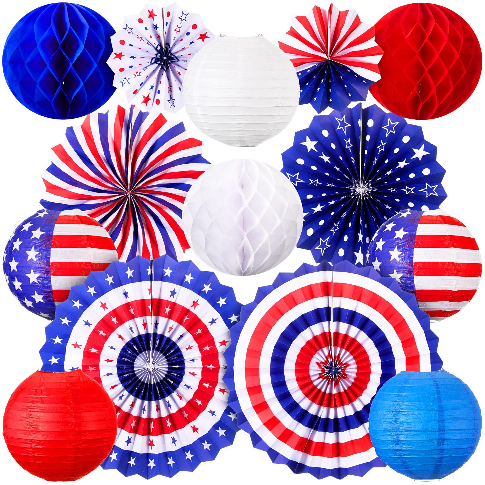 Glooglitter 14 Pcs Patriotic Decorations 4th of July Decorations Include 6 Red White Blue Paper Fans 5 Paper Lantern 3 Pcs Honeycomb Ball for Memorial