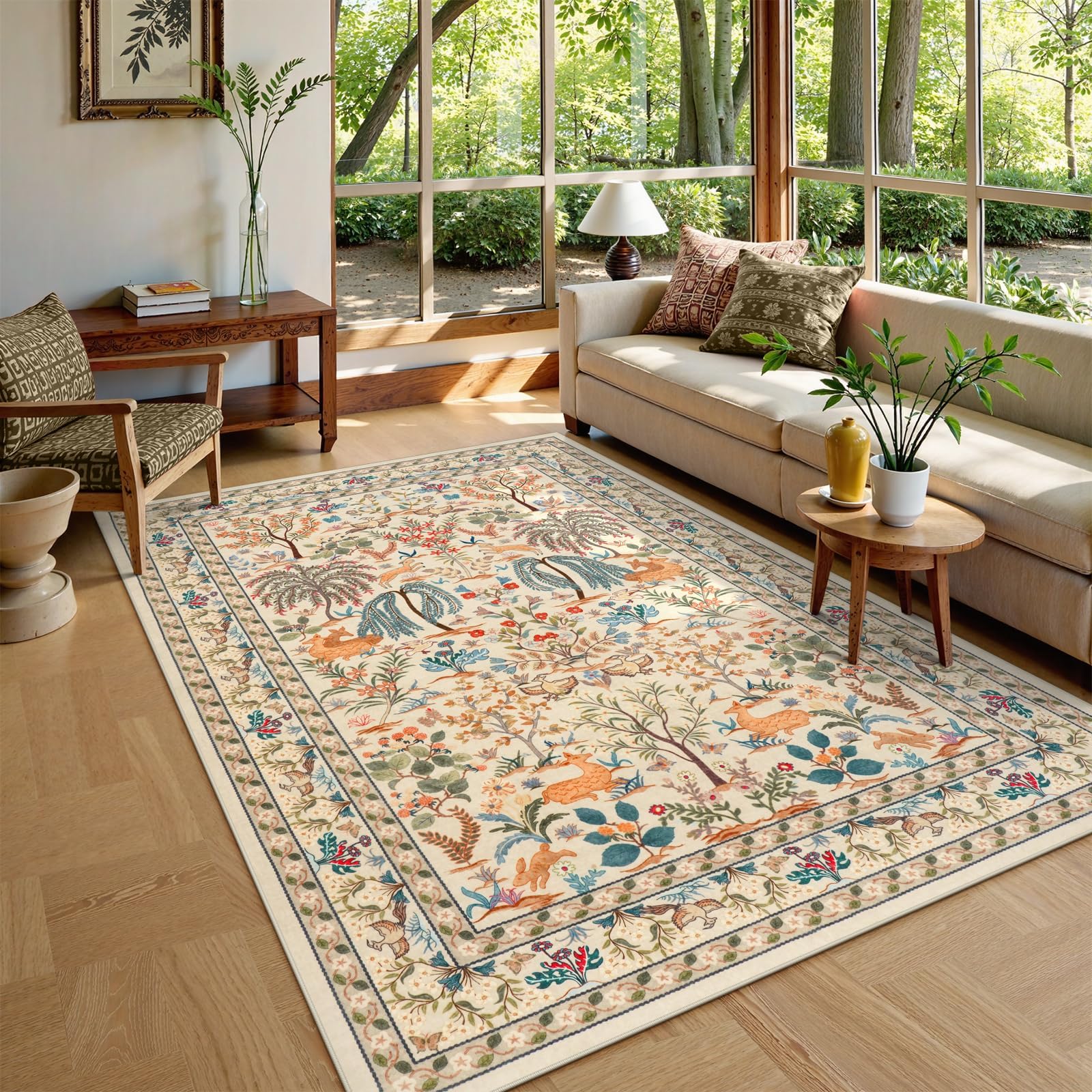 OJIA Washable Area Rugs 5x7 Soft Boho Rugs for Living Room Ultra-Thin Bedroom Rug Floral Animal Print Stain