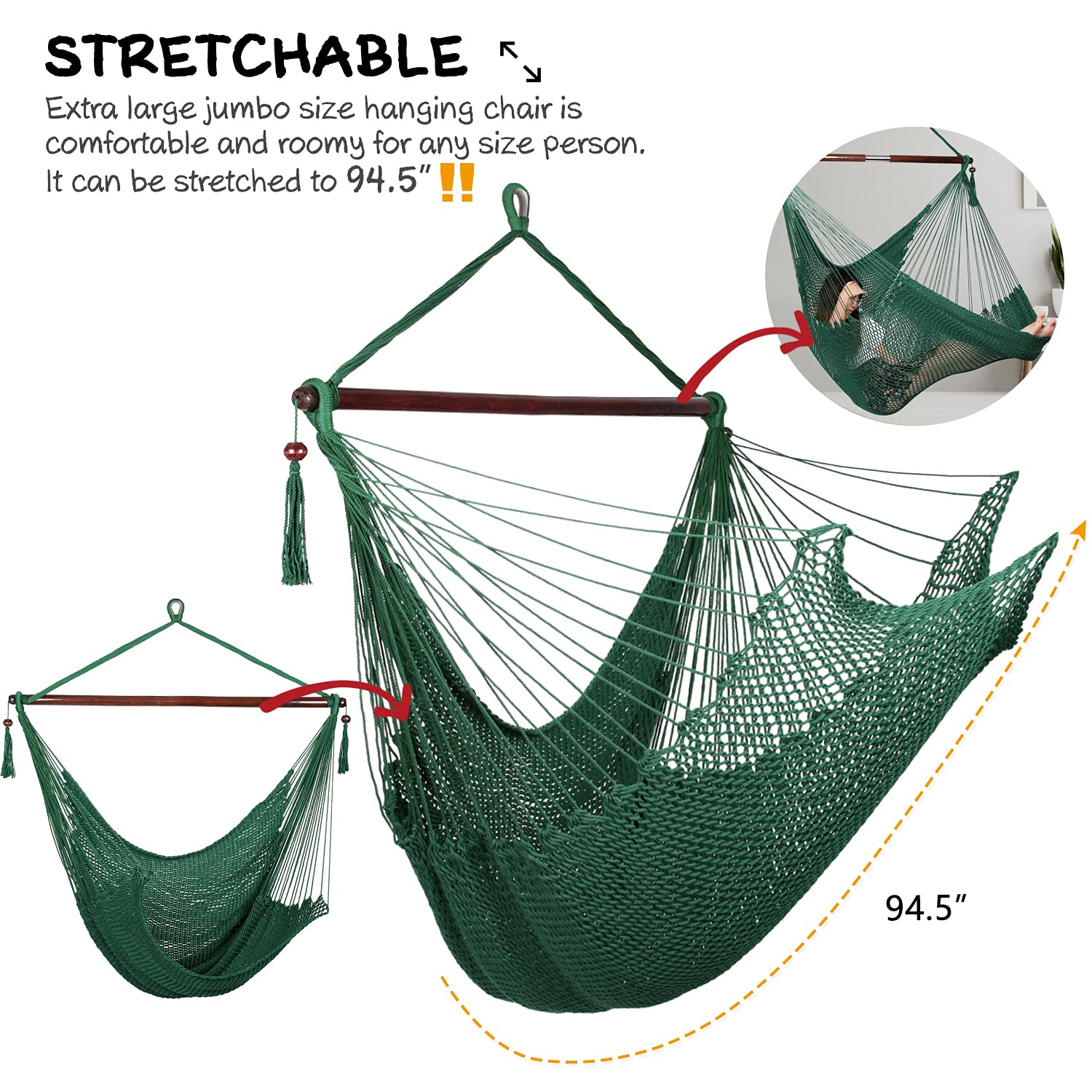 Bathonly Large Hammock Chair with Spreader Bar, Caribbean Hammock Swing Chair, XL Hammock Chair Outdoor Indoor, 330 LBS Weight Capacity, Green