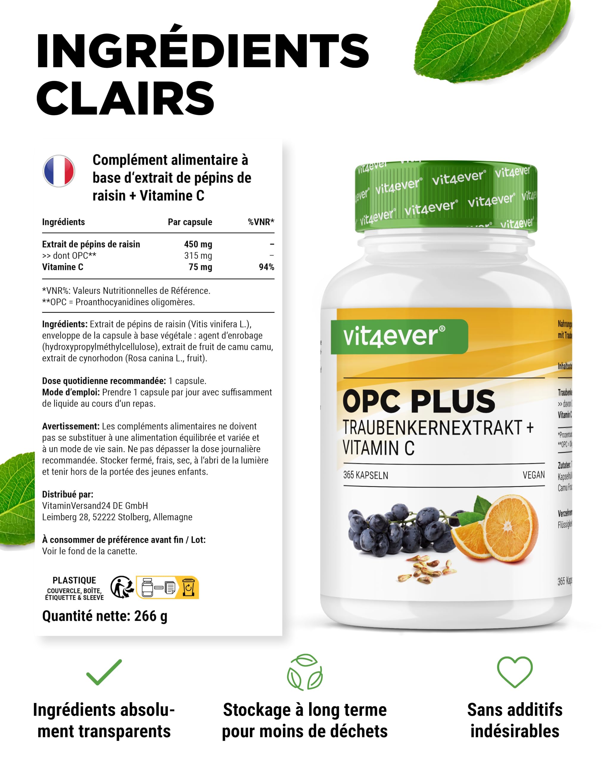 Extrait de Pépins de Raisin OPC + Vitamine C Naturelle - 365 capsules pour 12 Mois - Teneur en OPC la Plus Élevée selon HPLC - De Raisin - Vegan