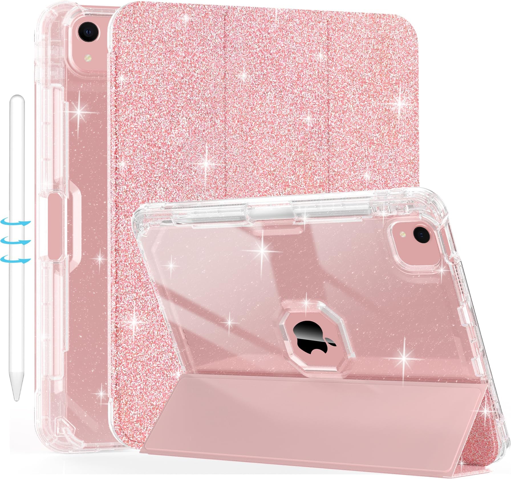 Sevrok iPad Air 5th Generation Case 2022 / iPad Air 4th Gen Case 2020 10.9 Inch with Pencil Holder, Auto Wake/Sleep, Sparkly Glitter Trifold Stand Leather Cover with Shiny Clear TPU Back, Rose Gold