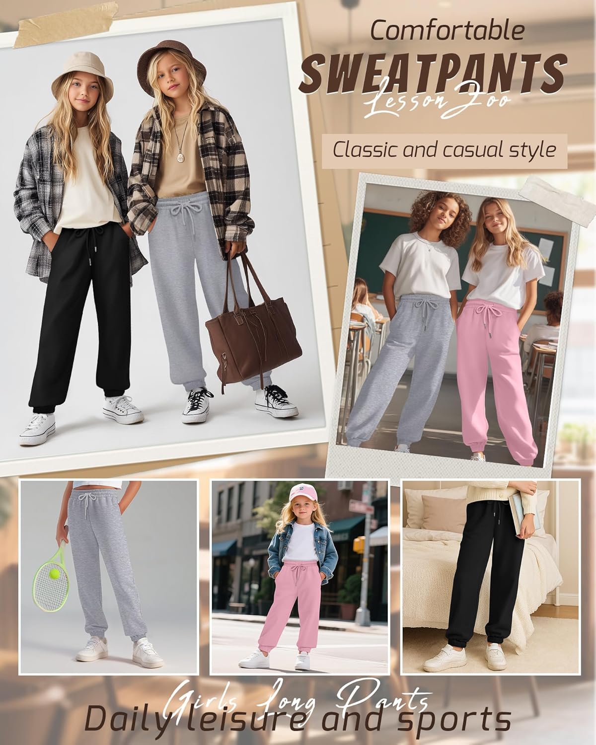 3 Pack Girls Sweatpants Drawstring Wide Leg Baggy Sweat Pants High Waist Active Joggers for Kids with Pockets 5-14Y - Image 2