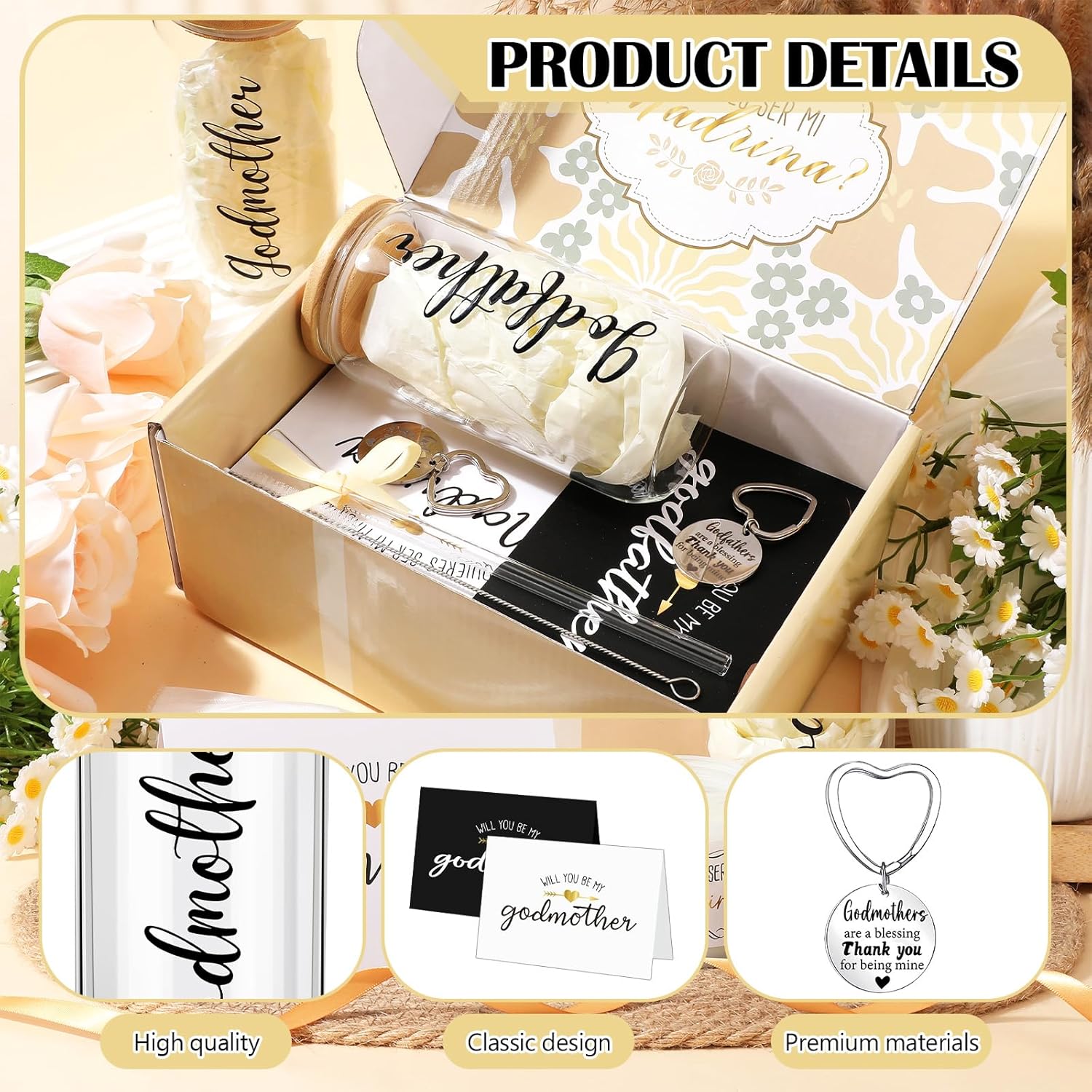 Mimorou 7 Pcs Valentines Godparents Proposal Gift Set Will You Be My Godparents from Godchild Godmother Godfather Gift with Glass Cups Keychains Cards Box for Valentines Birthday Baptism (Champagne) - Image 4