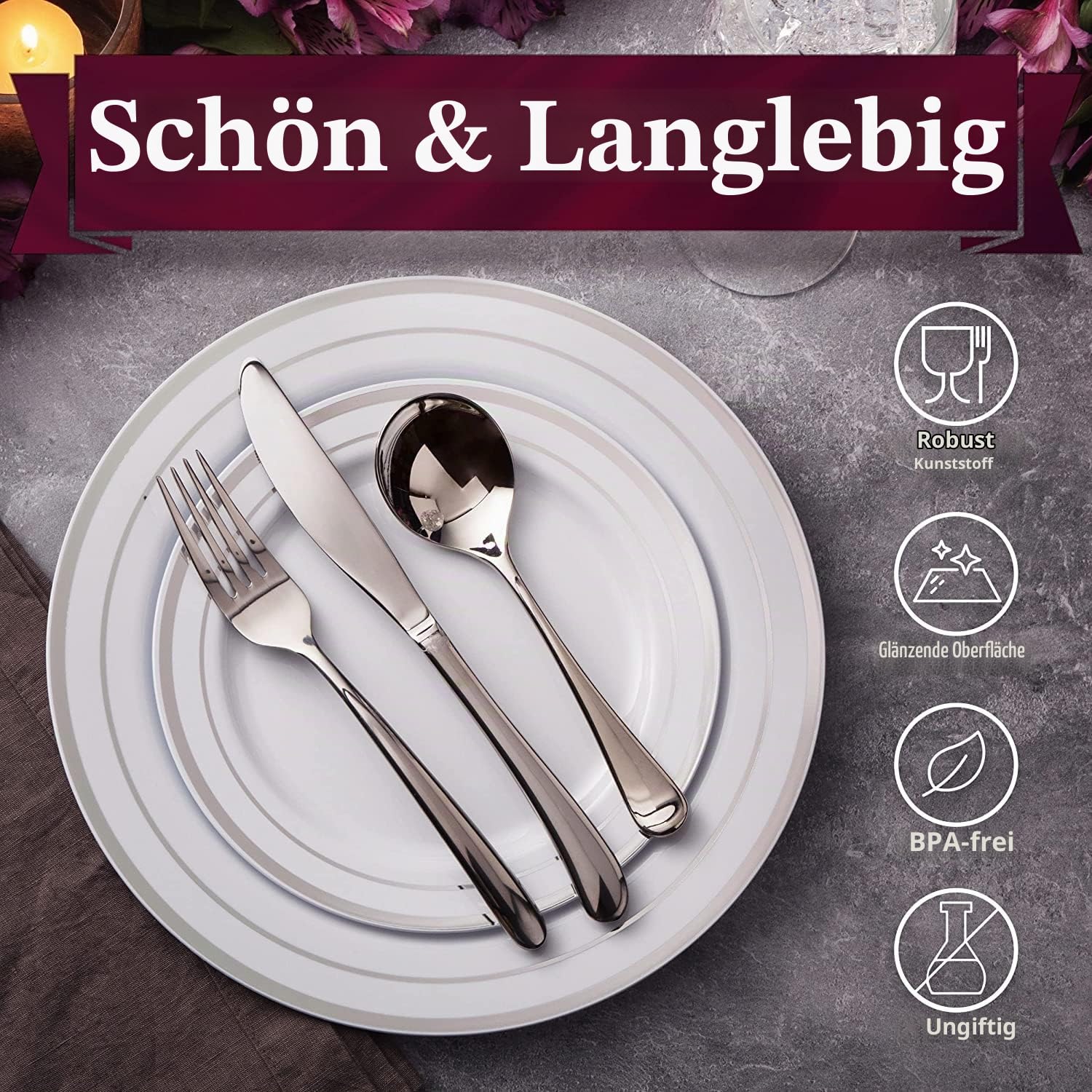 LATERN 60 Stück Mehrweg Silbernes Plastikgeschirr, 30 Stück 26cm Große Speiseteller + 30 Stück 19cm Salatteller, Wiederverwendbare Plastikteller für 30 Gäste Hochzeitstag Garden Dessert Party