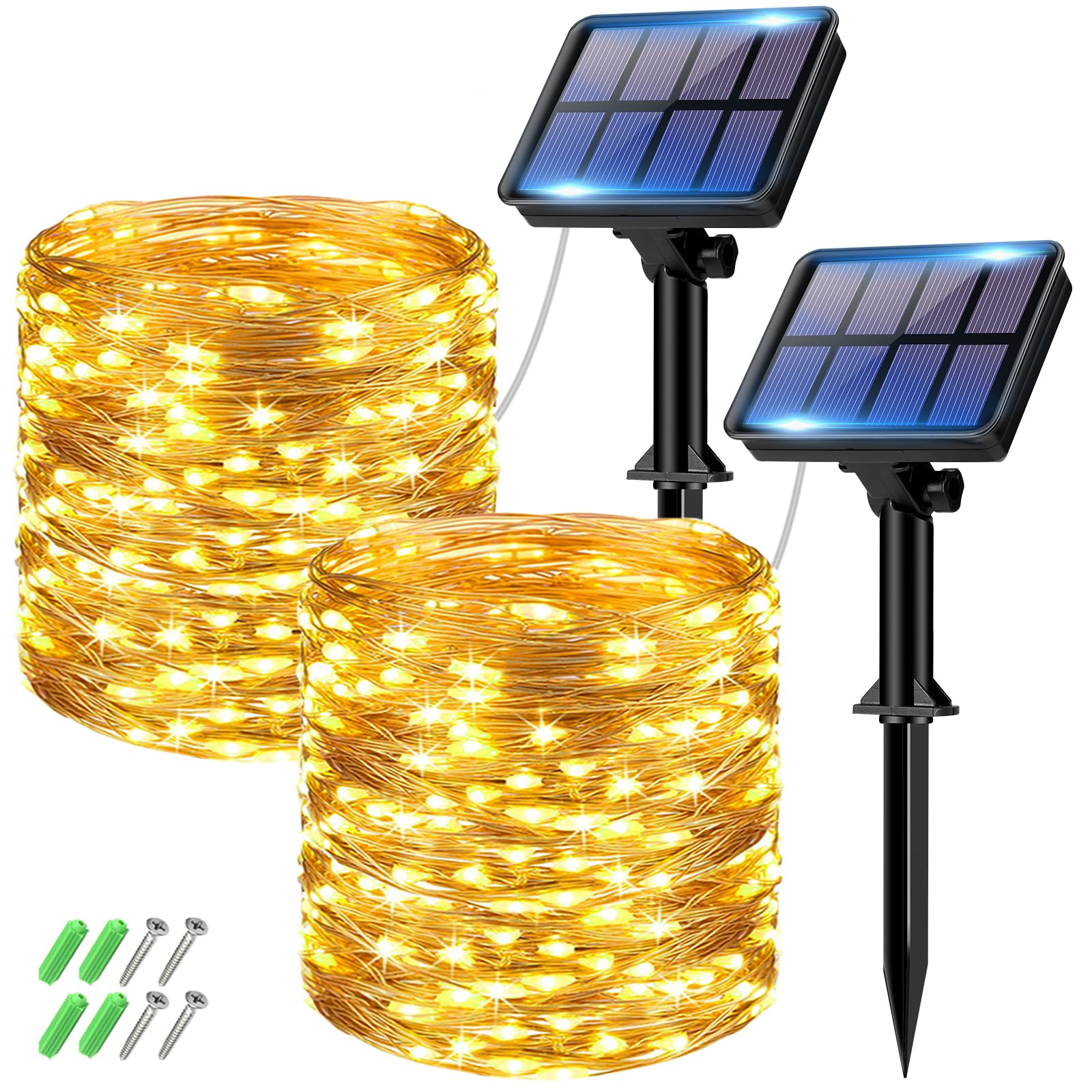 btfarm 2 Pack Solar String Lights Outdoor Waterproof, Total 66FT 200 LED Solar Fairy Lights, 8 Lighting Modes Solar Powered Twinkle Lights for Christmas Patio Yard Tree Garden Wedding Decor,Warm White