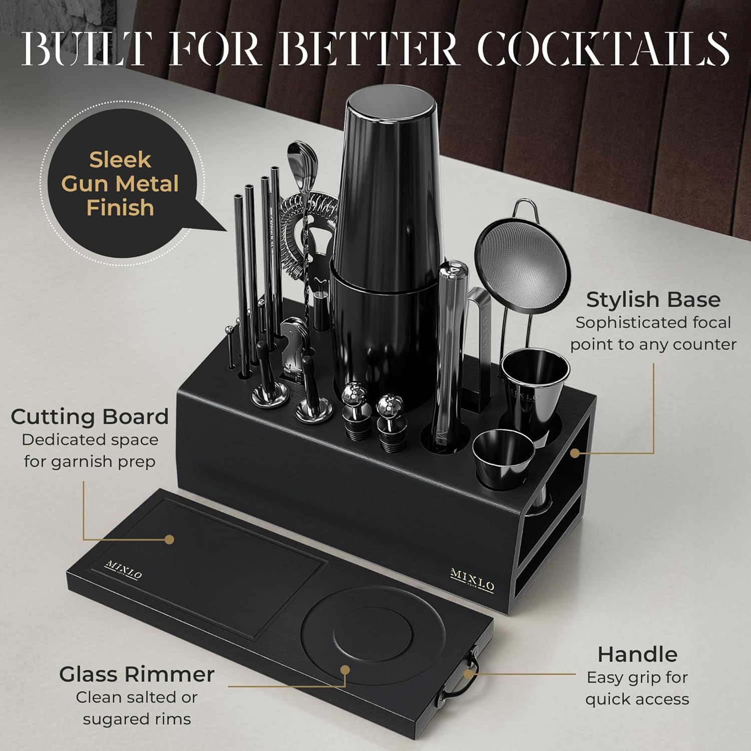 Mixology Bartender Kit - 22Pcs Bar Set Cocktail Shaker Set w Black Bar Cart Accessories Stand - Shakers Bartending Gun Metal Black Tools, 24oz Shaker, 17 Recipe Cards, Martini Barware