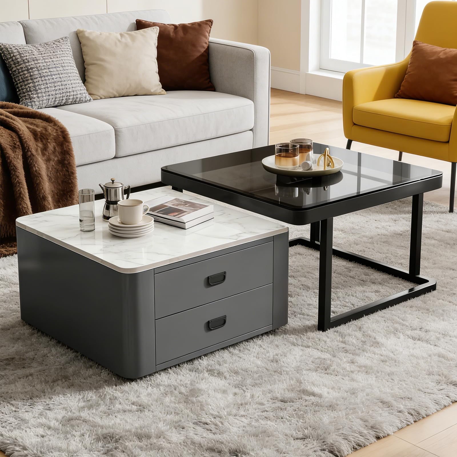 SXZenSpace Nesting Coffee Tables Set of 2, Table with 2 Storage Drawer, Stacking End Side Rock Slab and Tempered Glass for Living Room, Office, Balcony, Square Grey