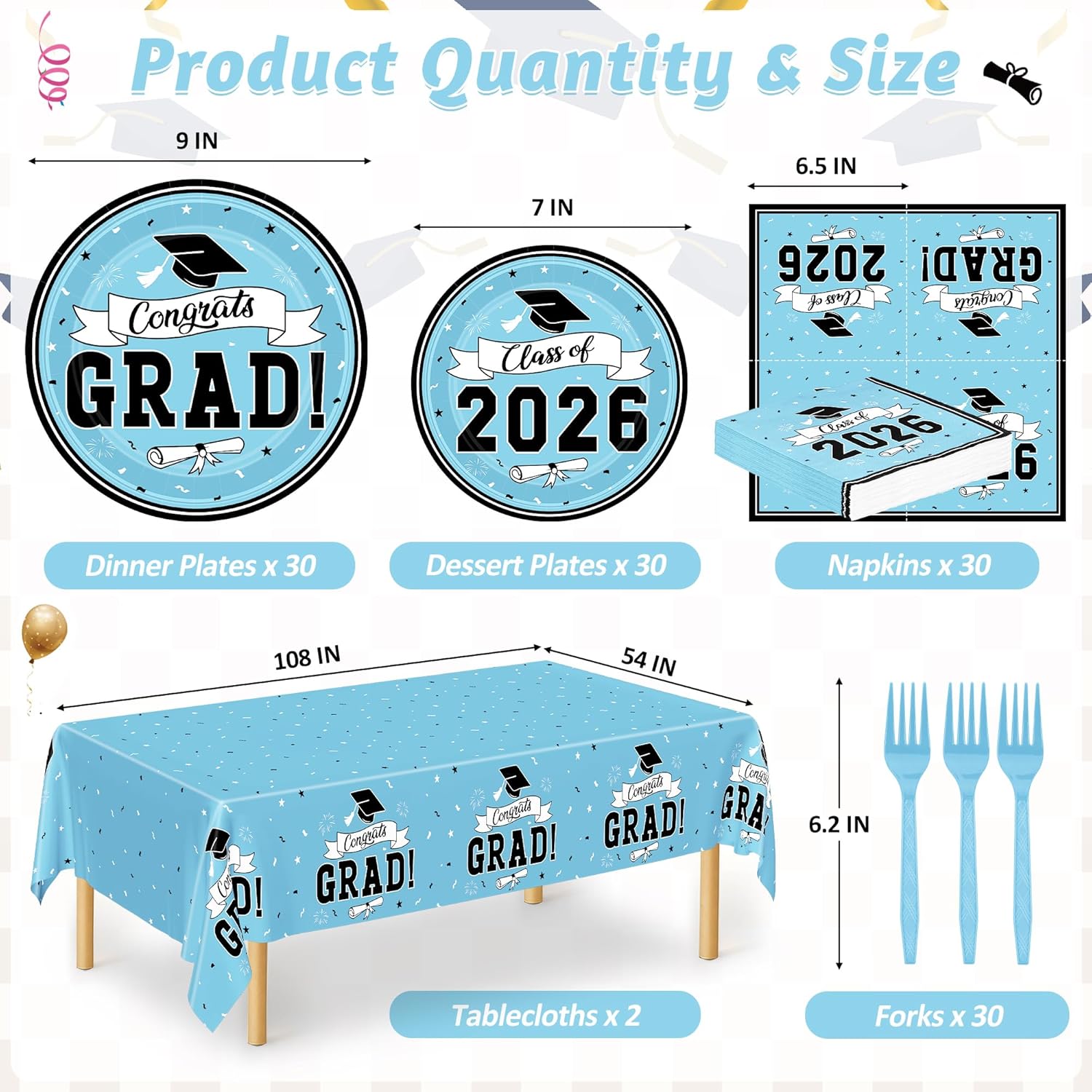 122 Pcs Graduation Plates and Napkins 2026 Serve 30, Disposable Graduation Decorations Class of 2026 Decorations, Skyblue Paper Plates and Napkins Forks Tablecloth Grad Tableware for Party Supplies