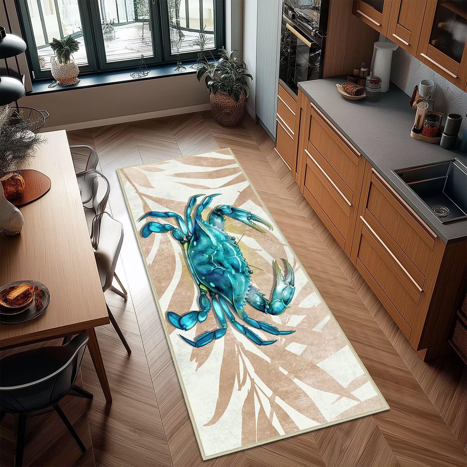 Crab Long Runner Rug 2x6 Throw Rug Coastal Kitchen Runners Ultra-Thin Low Pile Carpet Washable Hallway Rugs Mats Nautical Area Rugs Non-Slip Floor