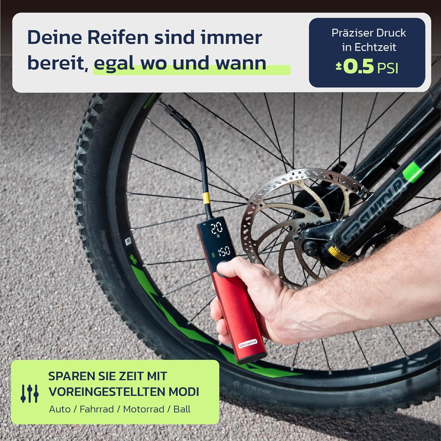 Woowind BP188 Elektrische Fahrradpumpe, Akku Luftpumpe 120-150PSI, Akku Kompressor für Auto, Fahrrad, Motorrad, Elektrische Pumpe Kompatibel mit Allen Ventilen