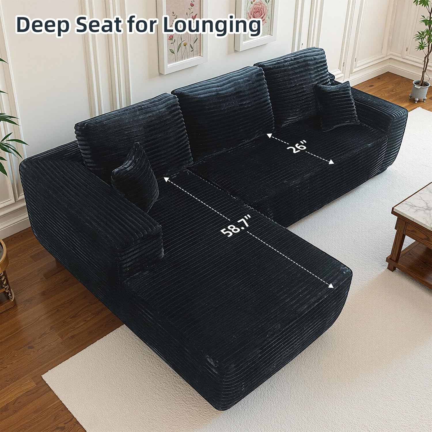 Rovibek 105" Couches for Living Room, Modular Sectional Sofa with Deep Seat & Throw Pillow, Black Couch with Chaise, No Assembly Required Compressed Sofa