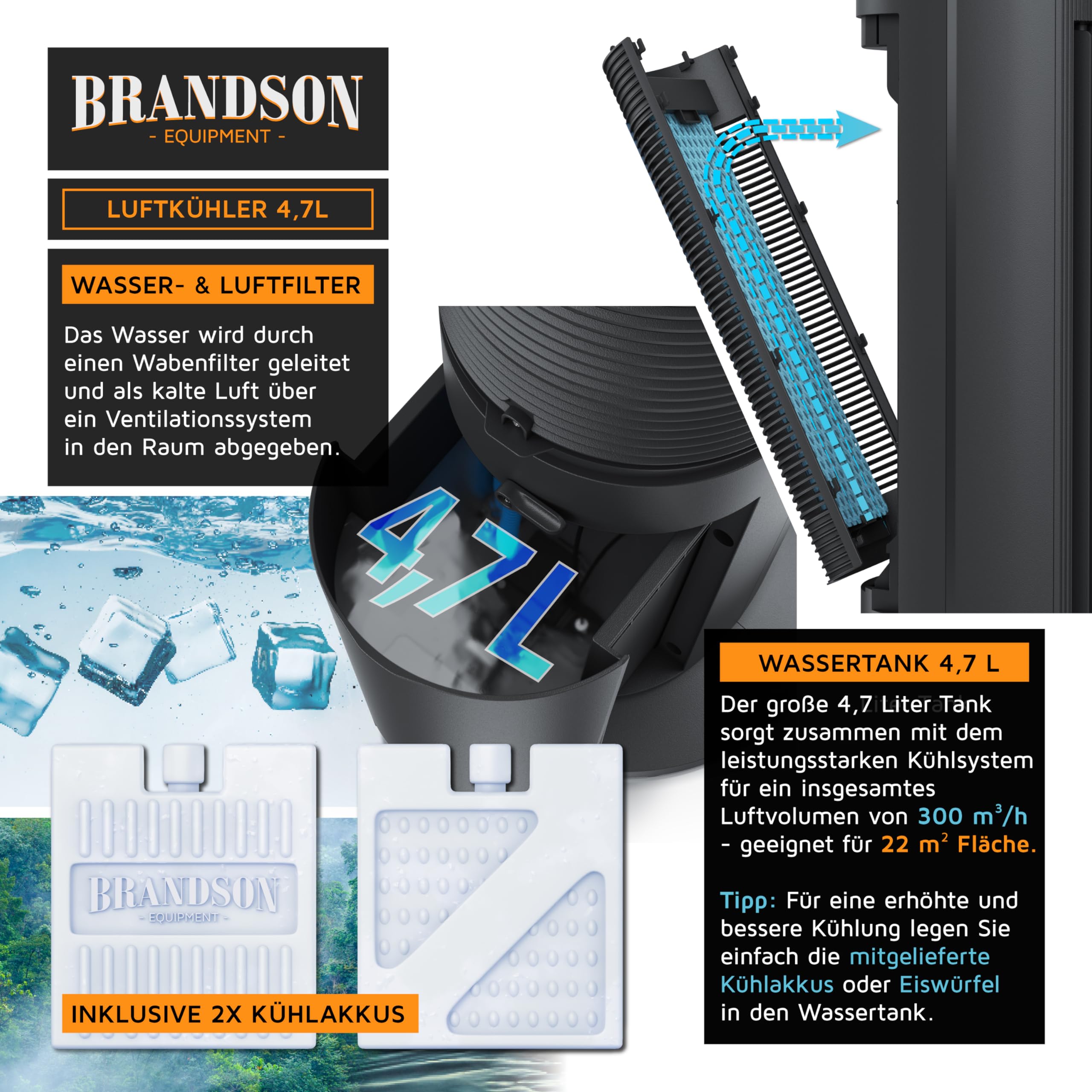 Brandson - Luftkühler mit Wasserkühlung Verdunstungskühler - Preisträger 2026 - Ventilator Turmventilator - mobile Klimaanlage ohne Abluftschlauch - 5 in 1 - leise - 4,7 L Wassertank