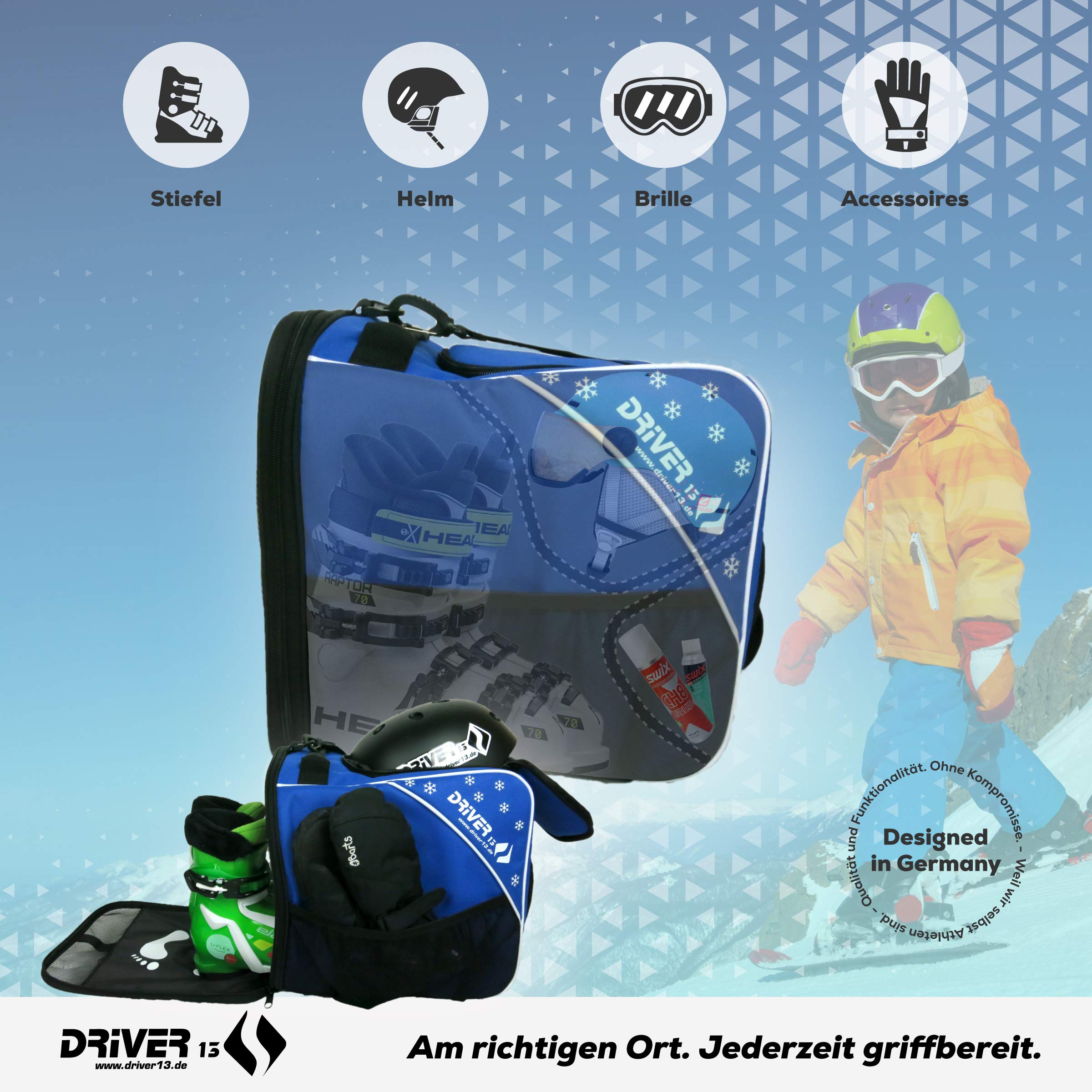 Driver13 Bolsa Infantil para Botas de esquí (bootbag), Bolsa para Botas de esquí Infantiles y Boots de Snowboard, asa de Transporte, Azul