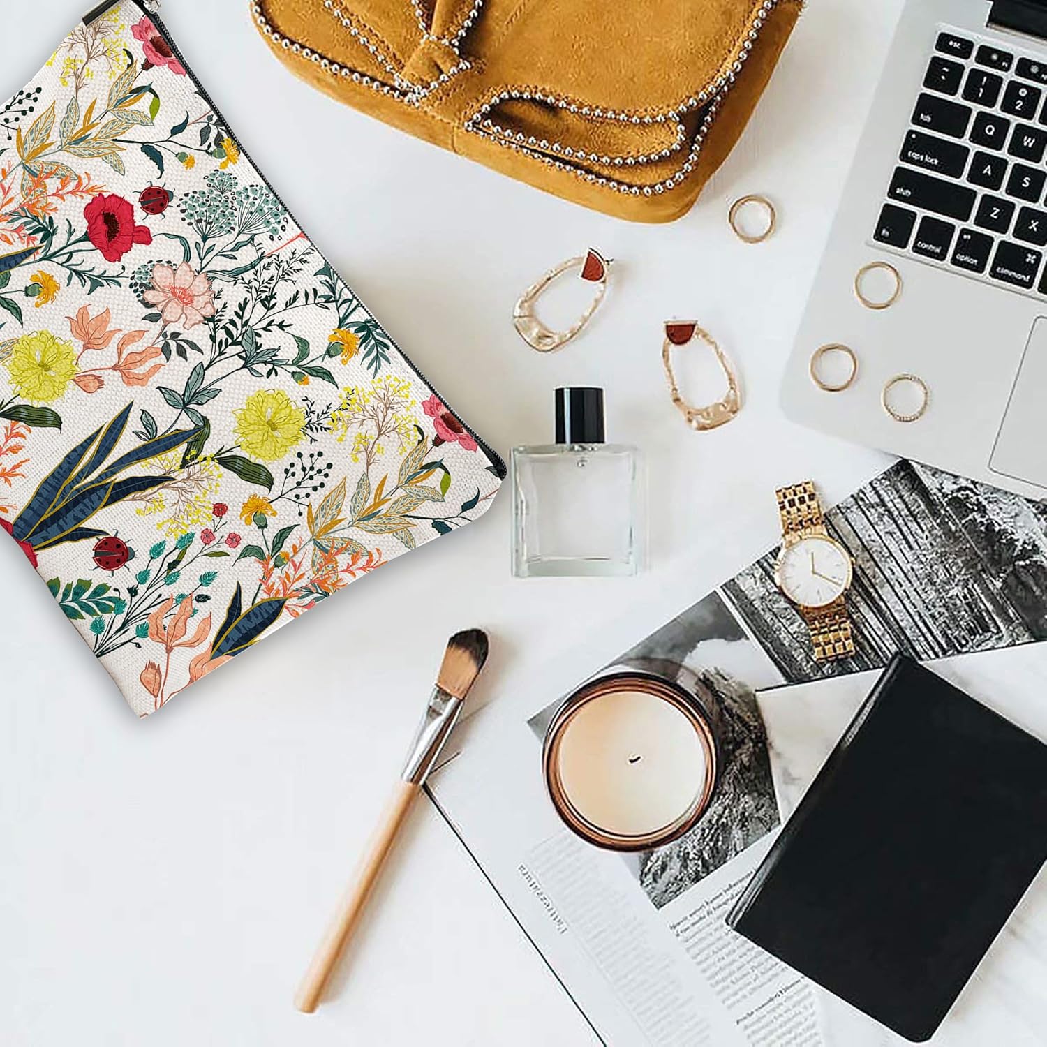 Makeup Bag Blooming Flower Cosmetic Bag Mini Portable Travel Toiletry Bag Organizer Makeup Brushes Aesthetic Accessories Waterproof Storage Bag for Women - Image 5