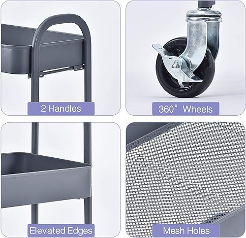 Miniatura 5 de TOOLF Carrito con ruedas de 3 niveles, carrito utilitario de metal sin tornillos, fácil de montar, carrito de almacenamiento resistente con asas y