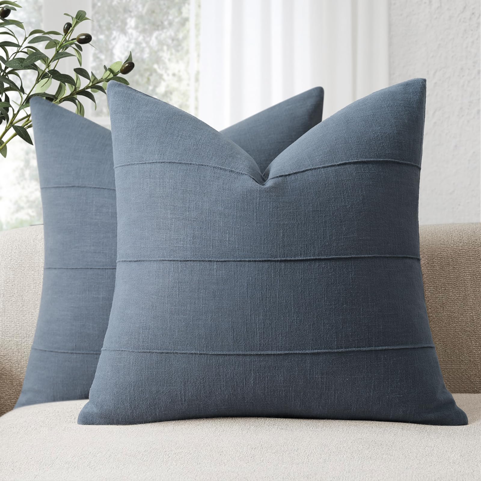ZWJD Decorative Linen Cushion Covers 45x45 Set of 2 Solid Handcrafted Striped Throw Pillow Covers Soft Modern Farmhouse Neutral Cushion Covers for Sofa Bedroom Living Room Home Decor (Slate Blue) — image 1