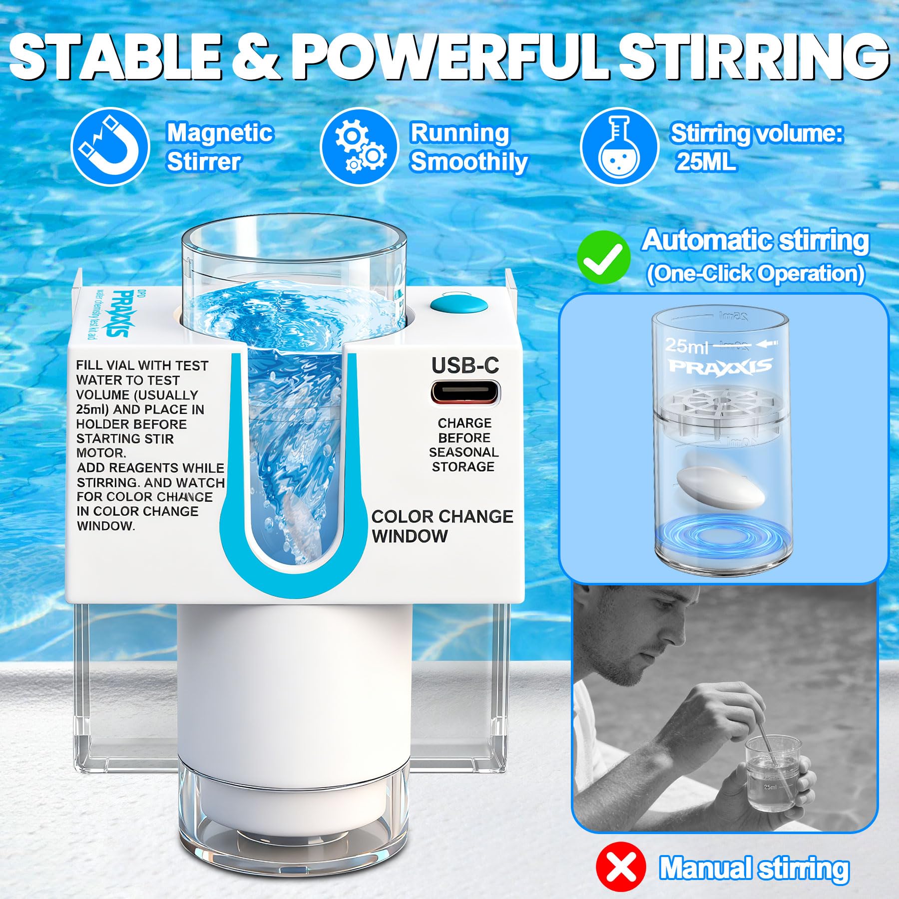 PRAXXIS Kit per test di chimica dell'acqua della piscina, scatola luminosa a scatto, agitatore magnetico automatico integrato, miscelatore magnetico con controllo a pulsante, kit di test dell'acqua