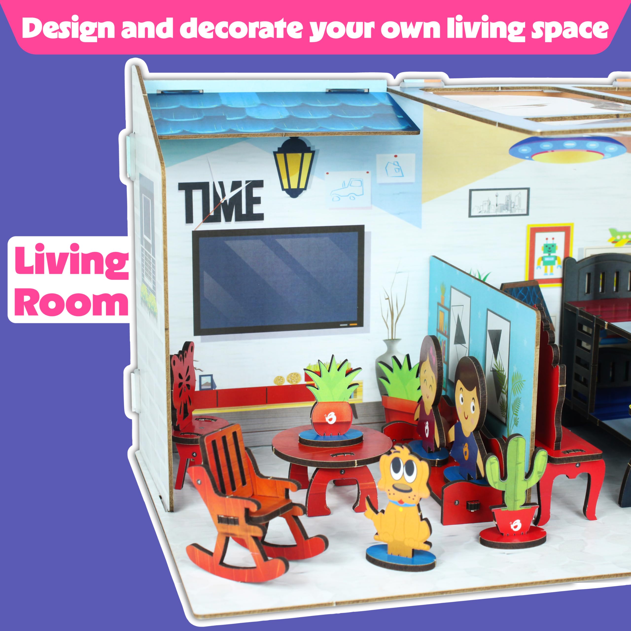 Butterfly Edufields Little Architect House para niños con 10 muebles en miniatura | Casa de muñecas eléctrica de madera para niños a partir de 5 años