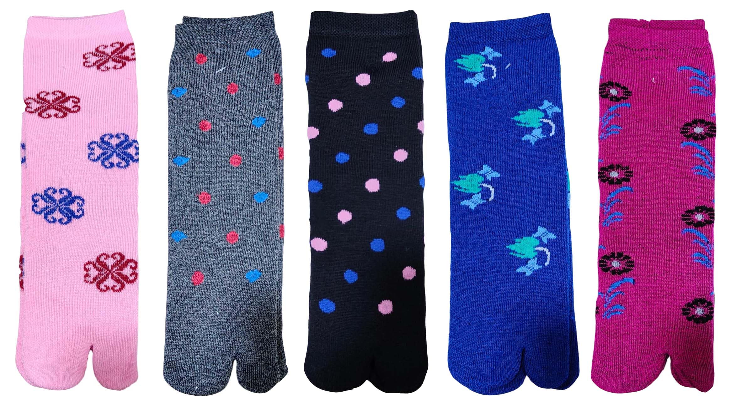 Women's Tabi Socks, Multicolour, Split Toe Design, Floral and Polka Dot Patterns for Women & Girls Pack of 5-picture-41