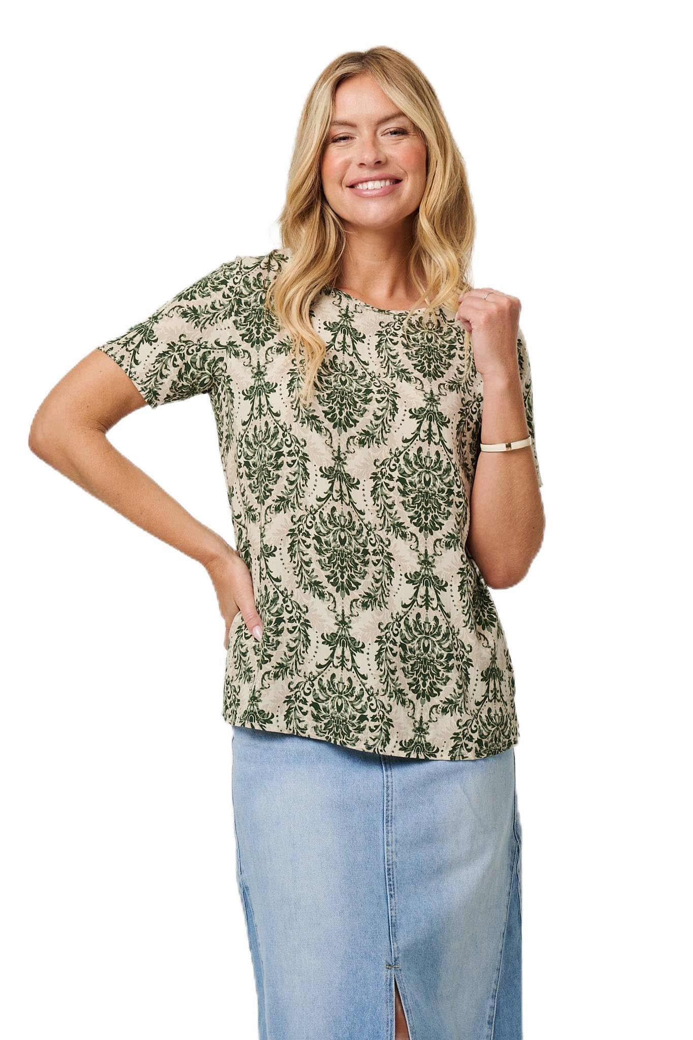 Izabel London Green Baroque Print Short Sleeve Relaxed Top - 8