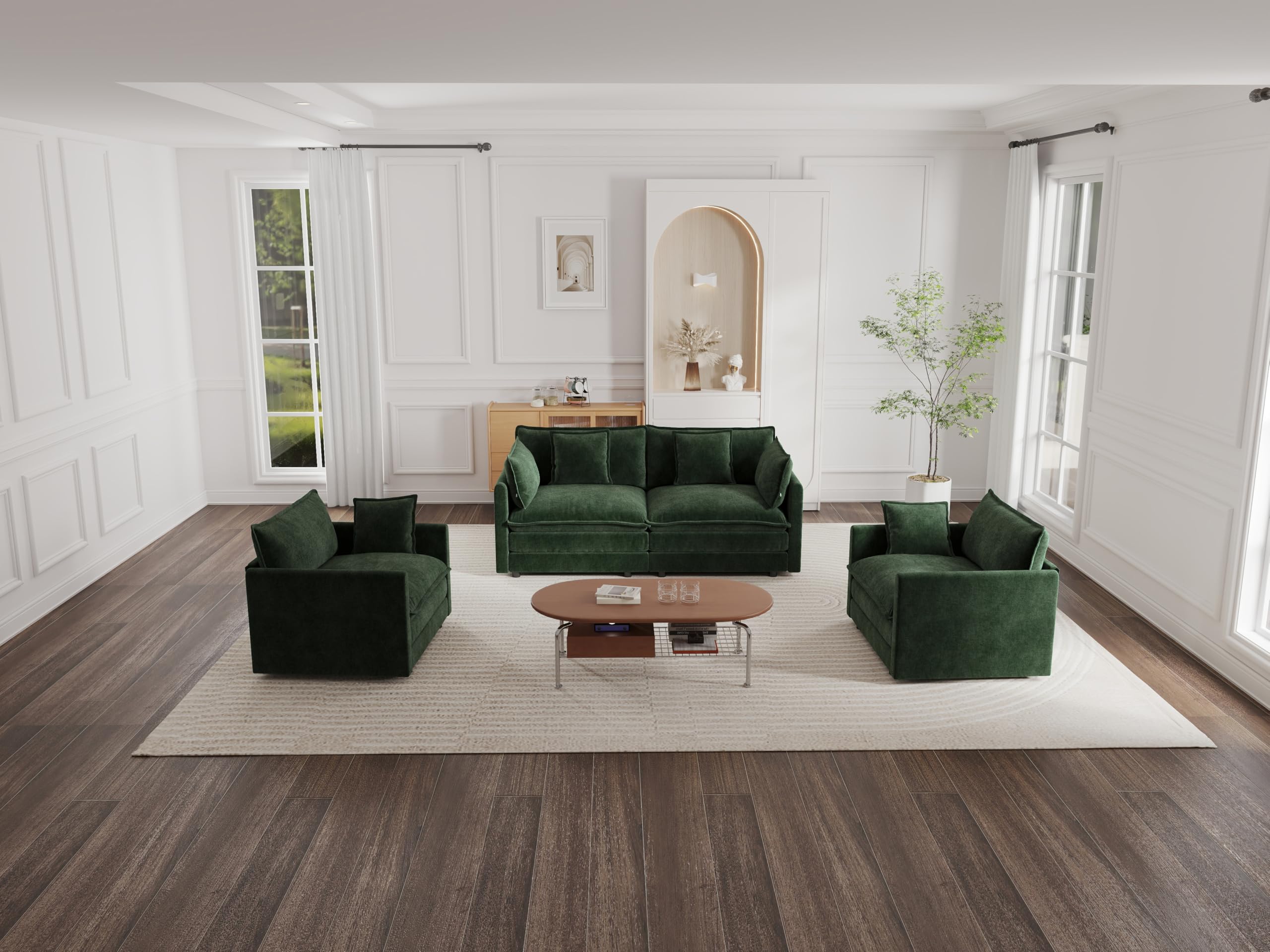 KEIKI 3-Piece Sofa Set with 1 Oversized Chenille Loveseat Sofa & 2 Single Sofa, Upholstered Modern Style 4-Seater Couch Set with 6 Pillow,