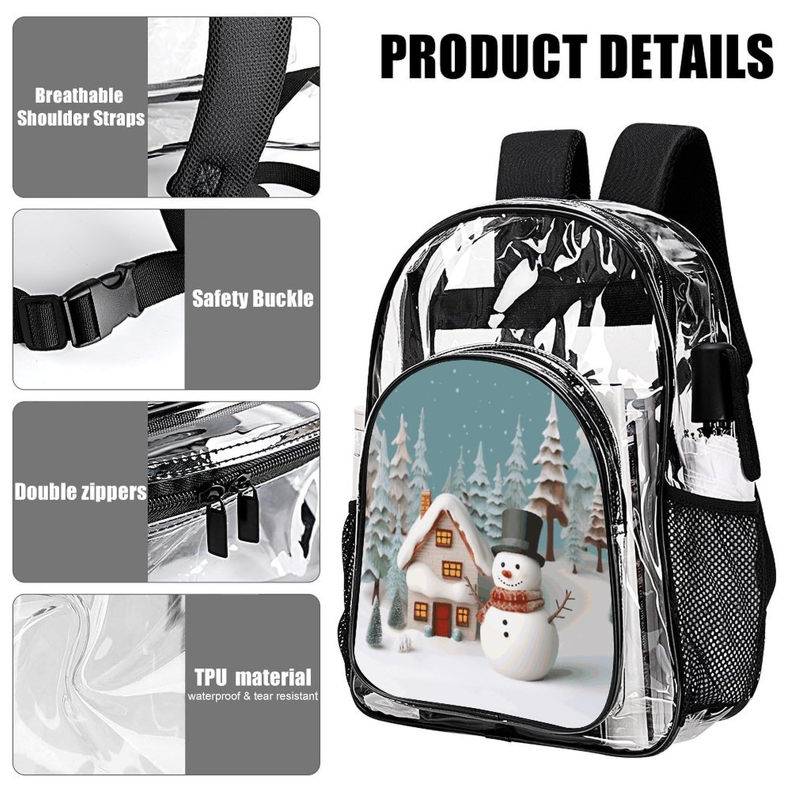 Transparenter Rucksack mit Schneemann und Dorf, groß, transparent, PVC, Büchertasche für Sicherheit, Arbeit, Reisen, Stadion
