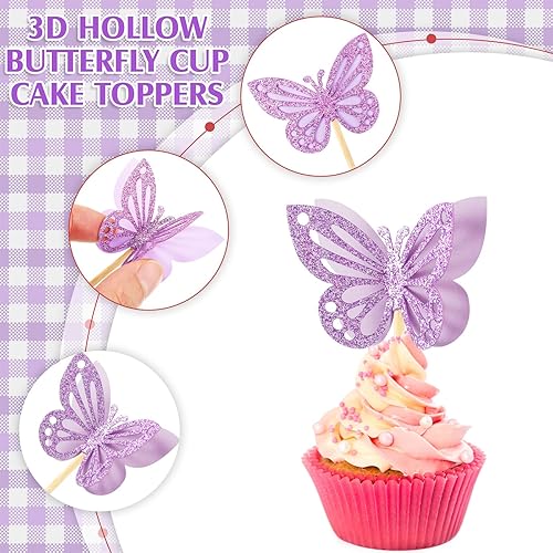 Miniatura 3 de Chinco 48 piezas adornos de mariposa para cupcakes ensamblados de doble capa adorno para cupcakes con purpurina 3D adorno para pastel de mariposa